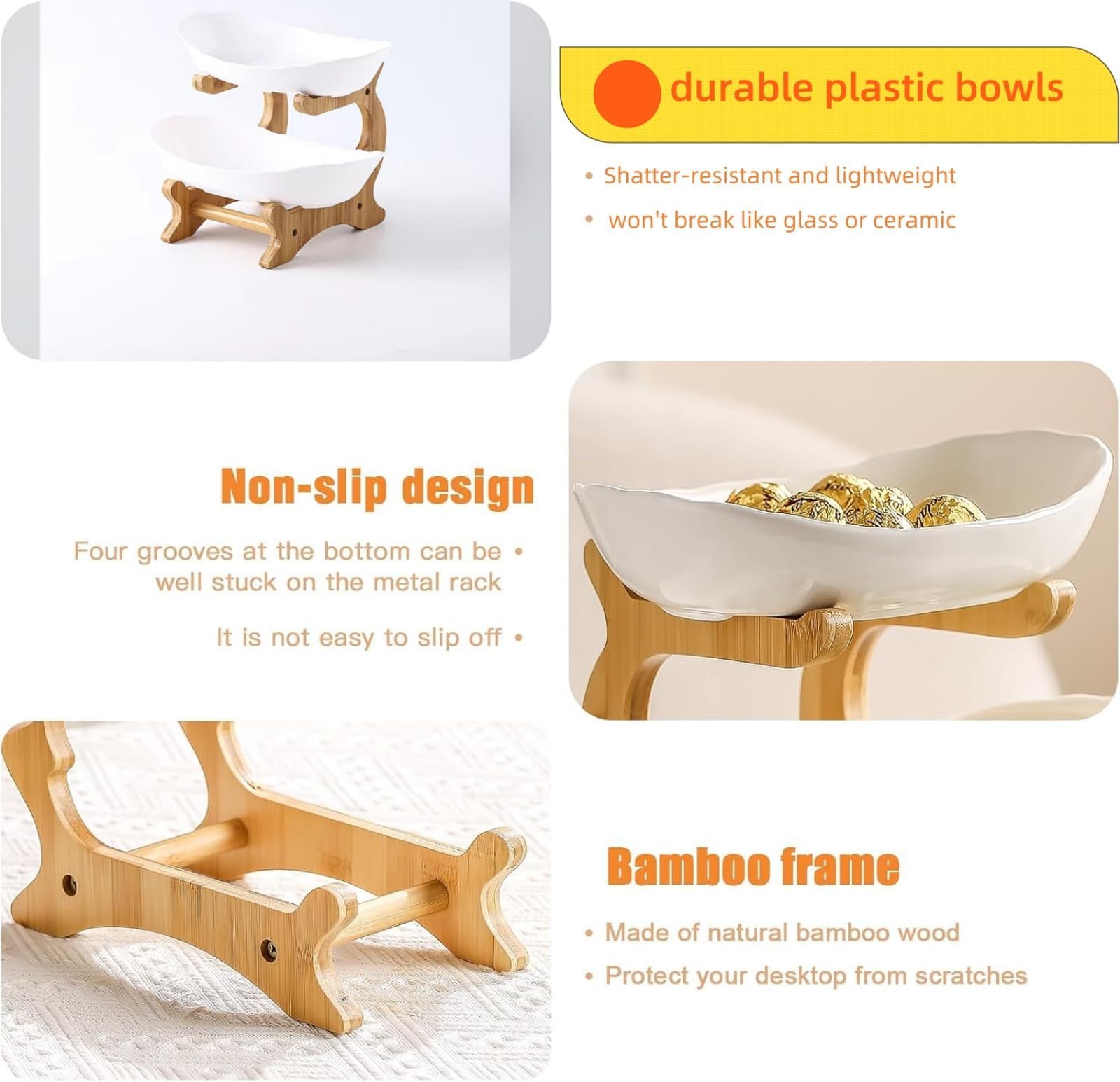 Frutta Alzatina 2 ripiani Frutta Ciotol - Cestino Portafrutta in Plastica Resistente con Supporto in Bambù, Fruttiera a 2 Livelli, Vassoio per Frutta, Verdura, Snack, Caramelle e Organizzazione Cucina