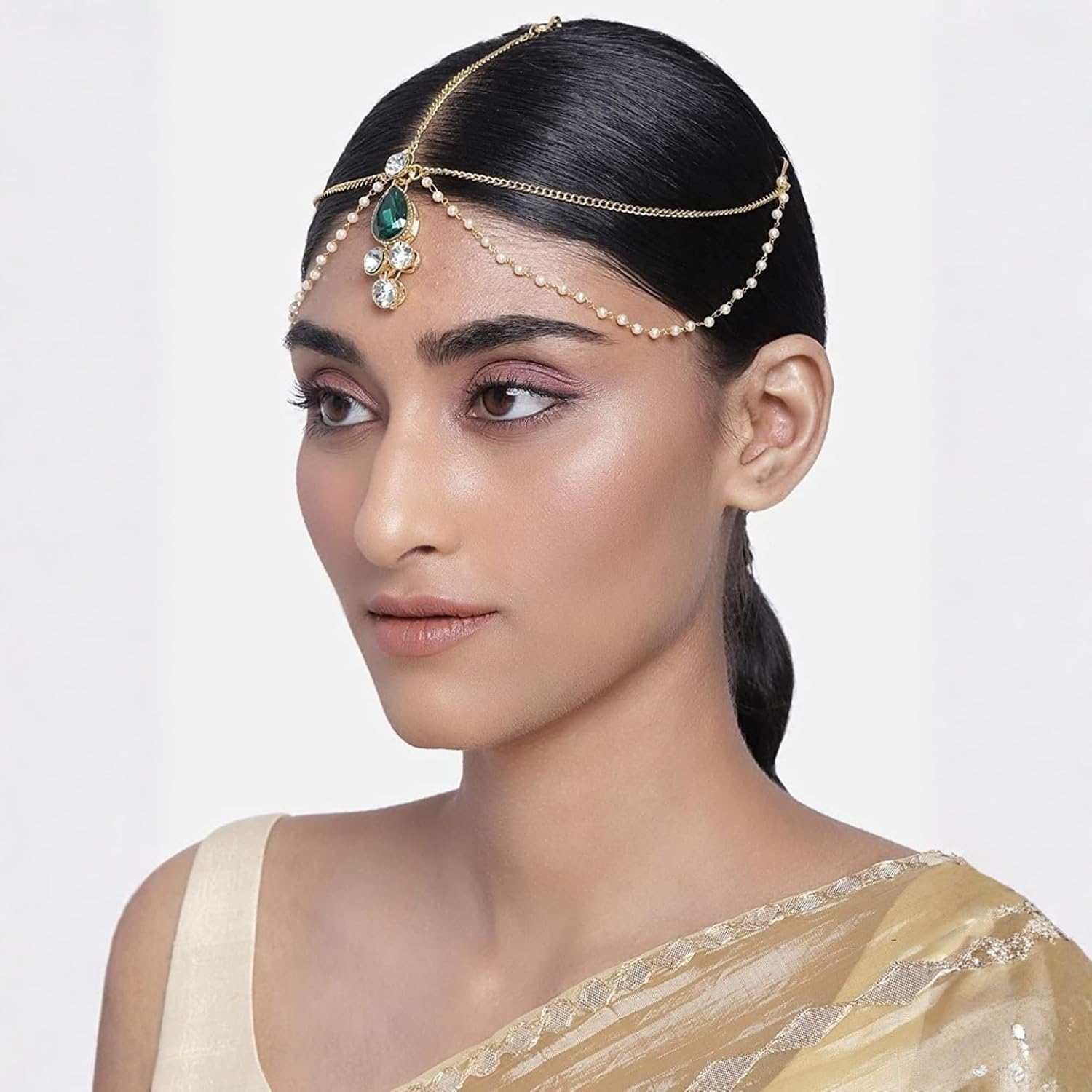 I Jewels Gold Plated Indian Wedding Bollywood Pearl Head Piece/Head Bands/Head Chain/Mathapatti/Maang Tikka for Women (T1083)