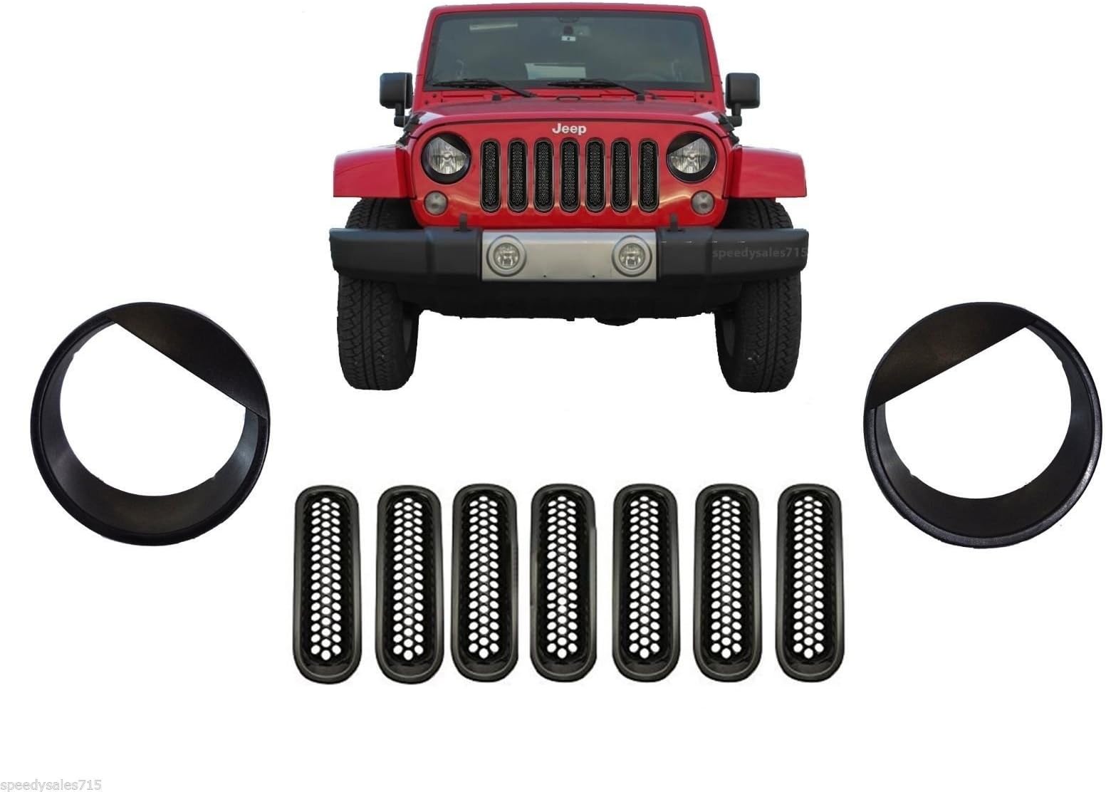 Black Mesh Grill Inserts & Angry Headlight Bezels COMBO For 2007-2016 Jeep Wrangler JK