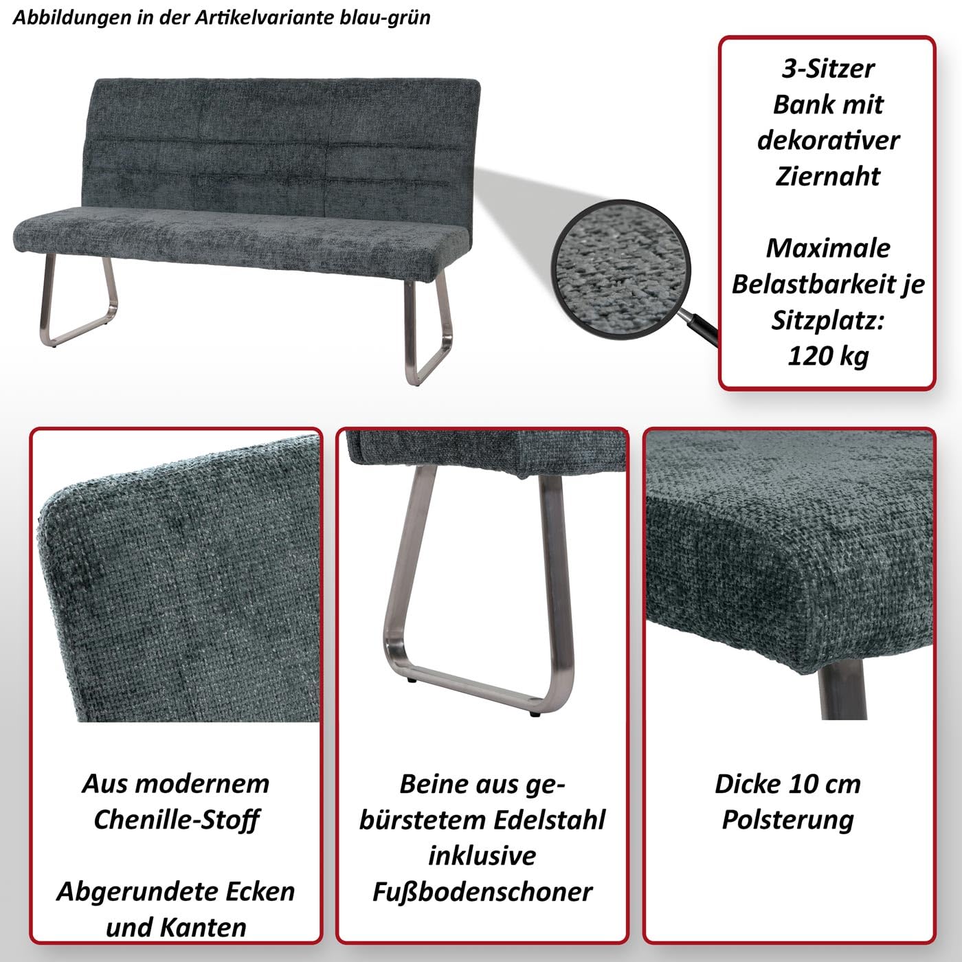 Mendler Sitzbank HWC-G55 160cm Edelstahl - blau-grün