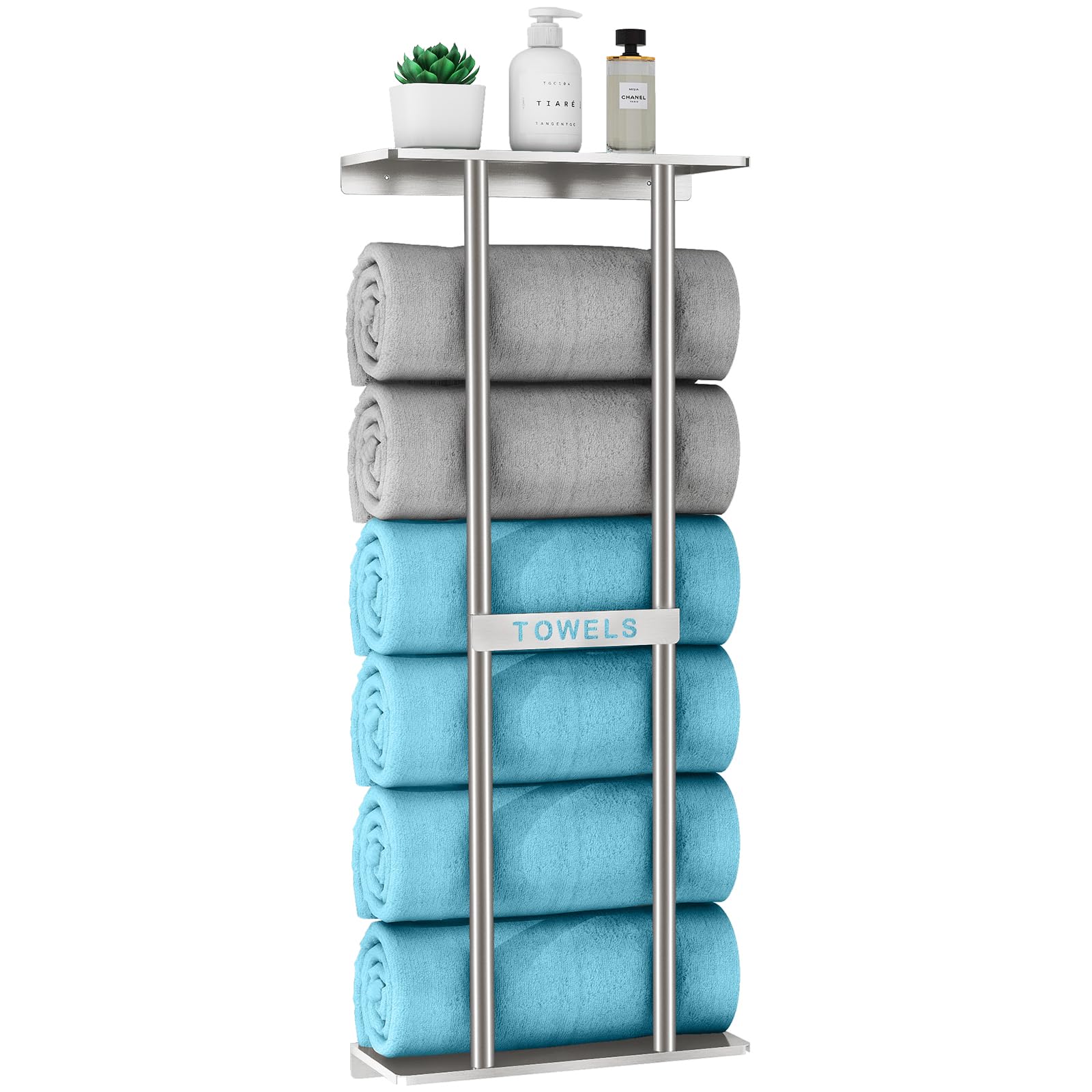 STWWO Toallero de Baño de Pared 76cm Toallero Vertical con Estante Plata Almacenamiento para Toallas enrolladas Baño Soporte para Toallas de Mano Grandes Toallas de Playa, Metal