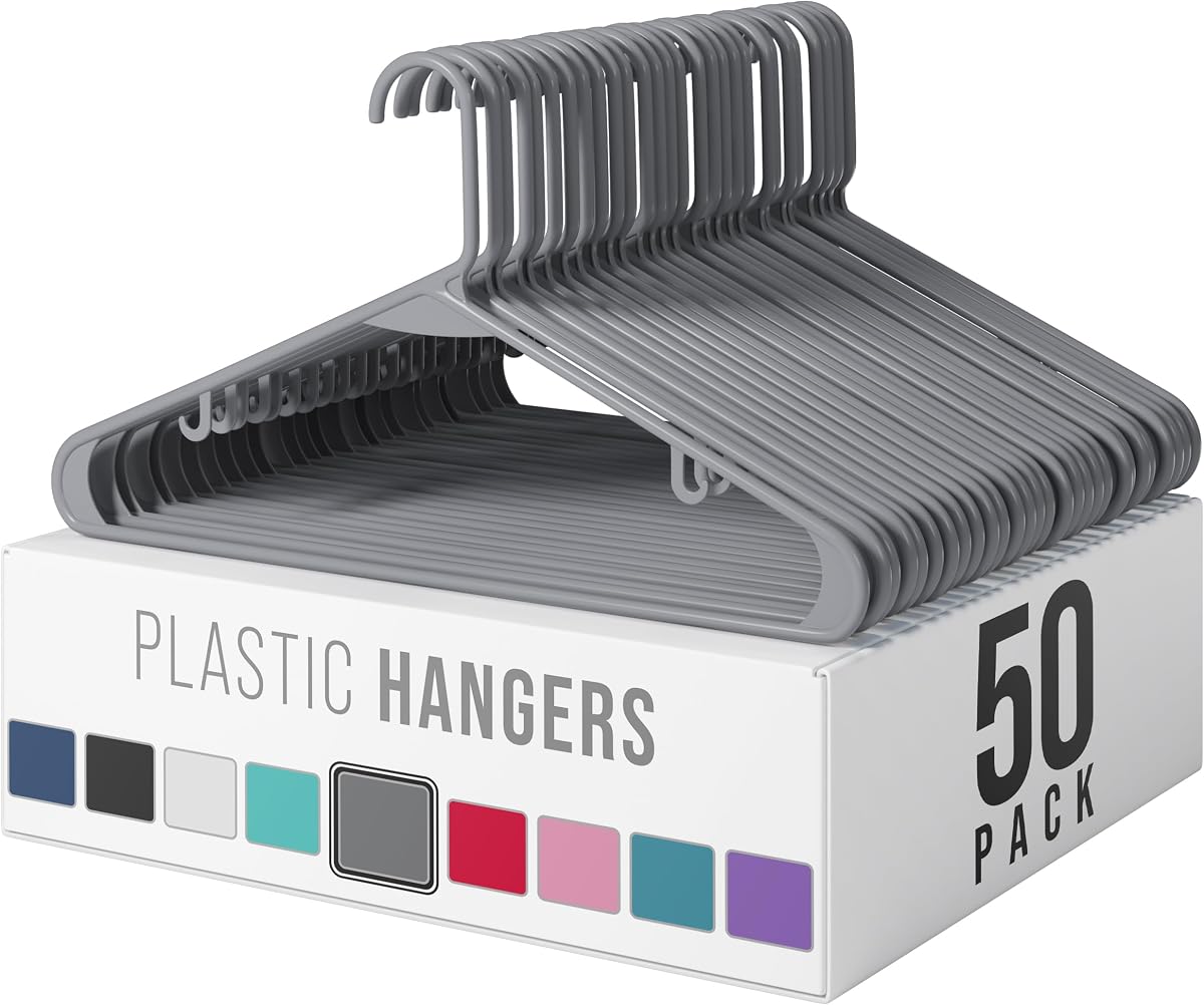 Plastic Hangers 50 Pack Grey - Clothes Hangers - Makes The Perfect Coat Hanger and General Space Saving Hangers for Closet and New Apartment Essentials - Percheros Ganchos para Colgar Ropa Hangars