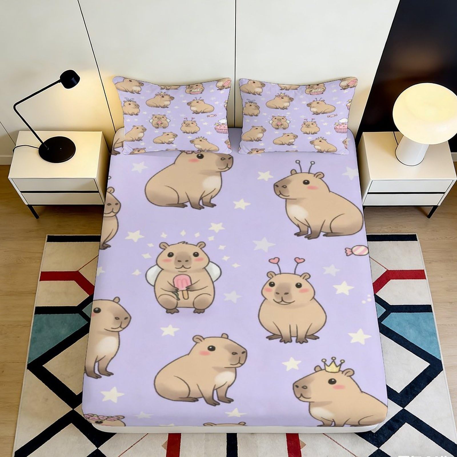 3D Printed Cute Capybara Fitted Sheet Microfiber Soft Breathable Cartoon Animal Bed Cover for Bedroom Dormitory Guest Room Mattress Protection Decor 180x200x25cm