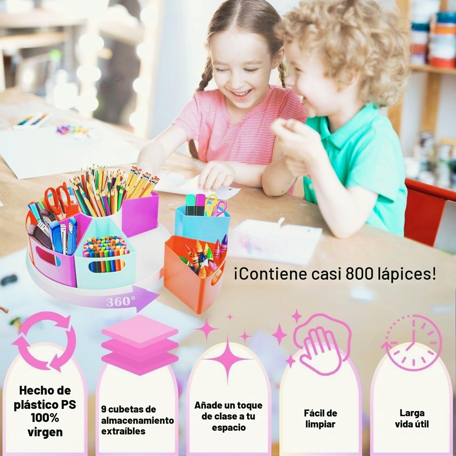 Portalapices Escritorio Giratorio, Organizador de Escritorio con 9 compartimentos, Multifuncional Portalápices de escritorio para Oficina, Hogar, Escuela