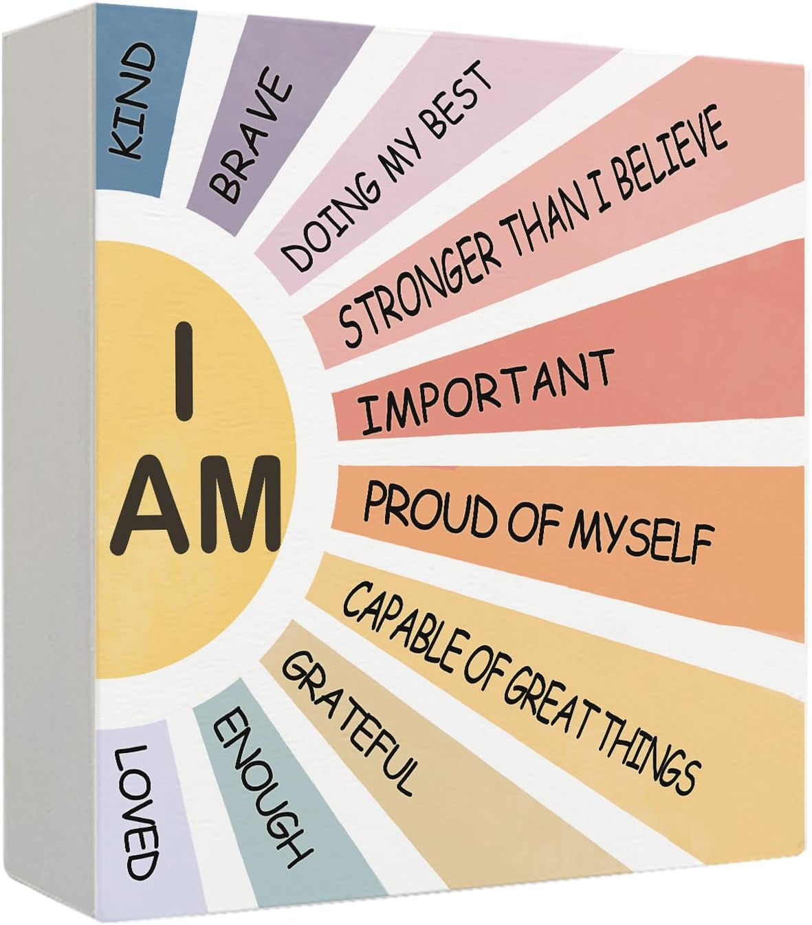 Inspirational Desk Decor, I am Affirmations Boho Sunshine Wooden Box Sign, Boho Nursery Positive Wood Signs for Classroom Kids Room Nursery Playroom Desk Shelf Table Decor, 5×5 Inch
