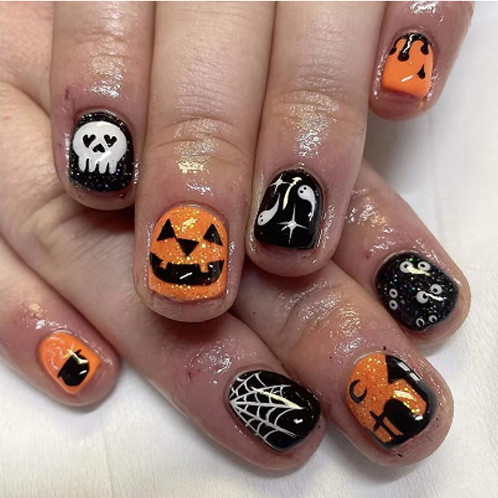 Halloween Fake Nails White Ghost Press On Nails Cute Ghost Glue on Nails Black Glitter False Nail Design Black Full Cover Acrylic Nails Halloween Party Nail Art Accessories for Women Girl-(05)