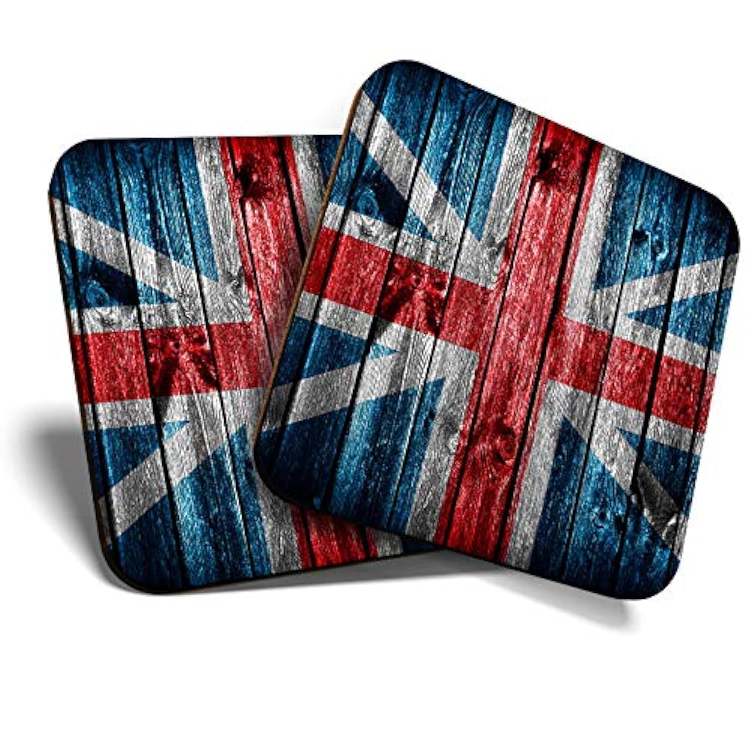 Great Coasters (Set of 2) Square/Glossy Quality Coasters/Tabletop Protection for Any Table Type - Wooden Effect Union Jack UK Flag #8312