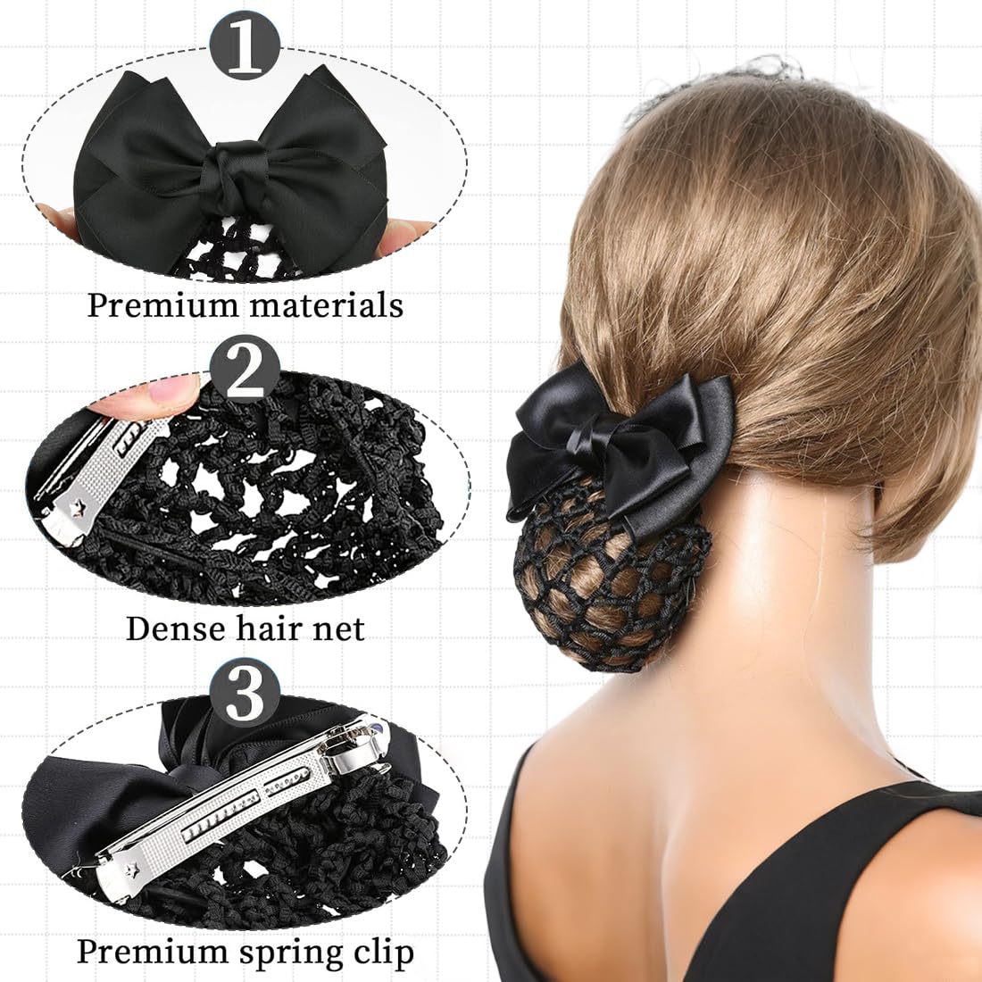 2 pezzi Ciambelle per chignon di retina per capelli spessa con fiocco, retina per capelli, retina per chignon, fascia per capelli, retina per capelli da bambina-B