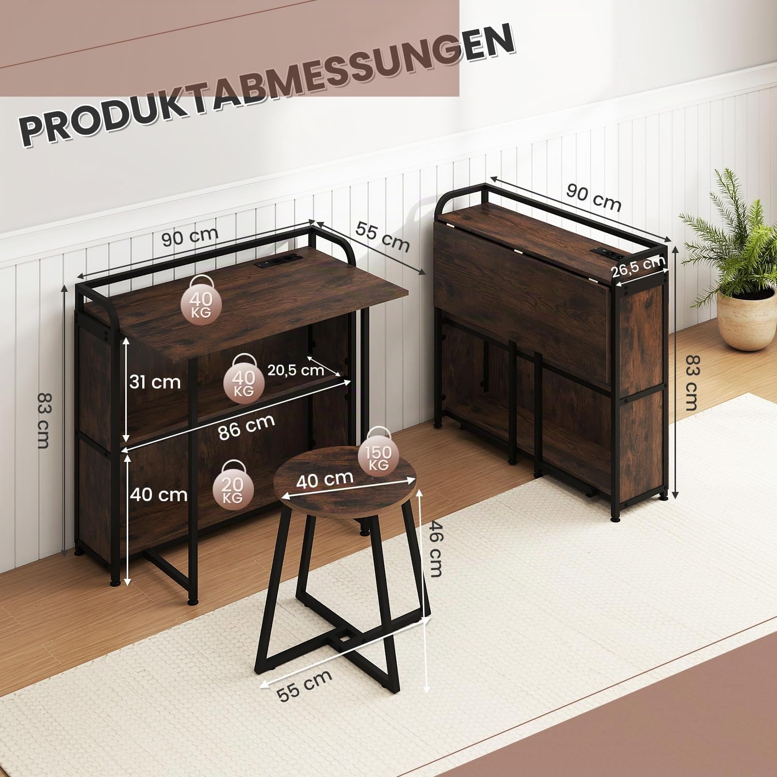 COSTWAY Schreibtisch klappbar mit Steckdose, Klapptisch mit Hocker, Computertisch mit Regalen & Metallrahmen, platzsparender Bürotisch, Klappschreibtisch für Zuhause, Büro, 90 x 55 x 83 cm (Braun)