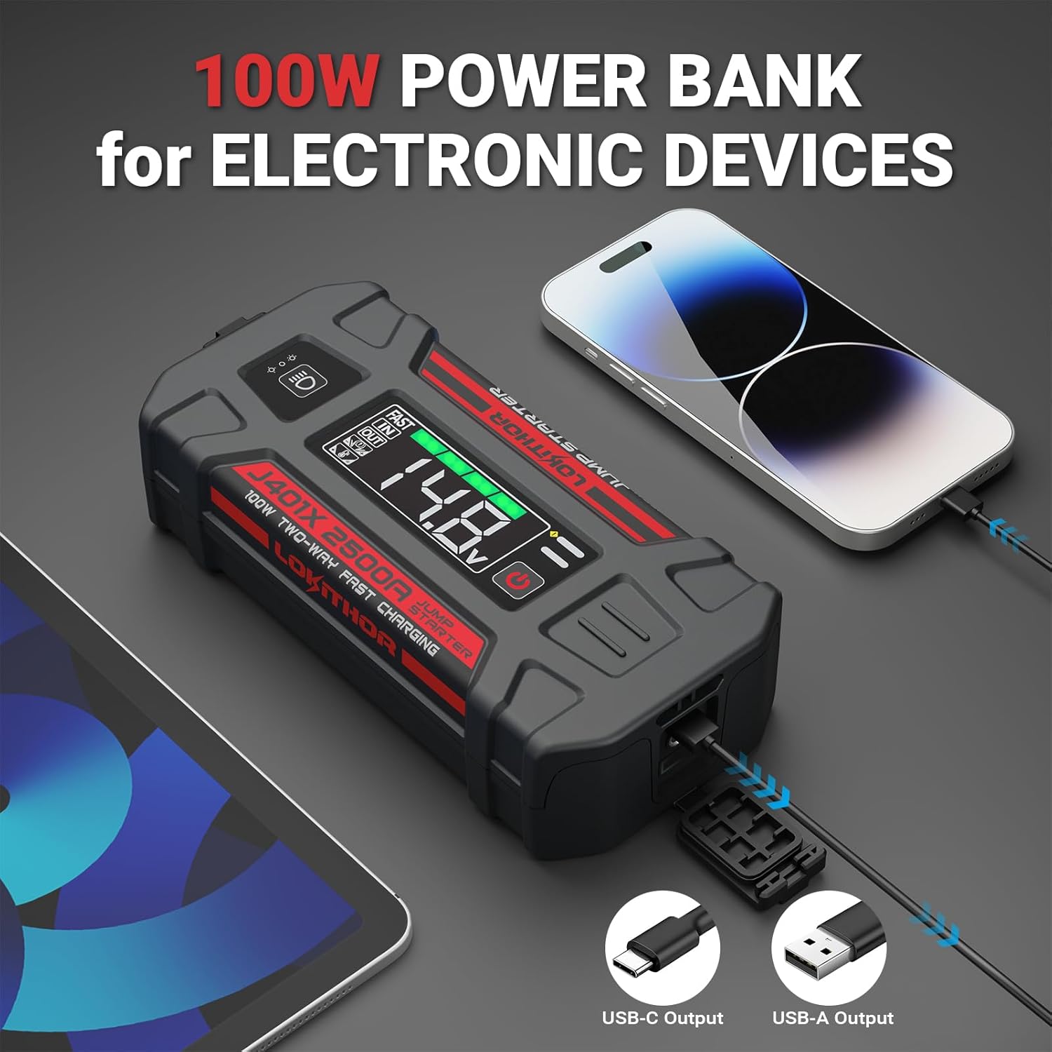 LOKITHOR J401X Jump Starter charging a phone and tablet
