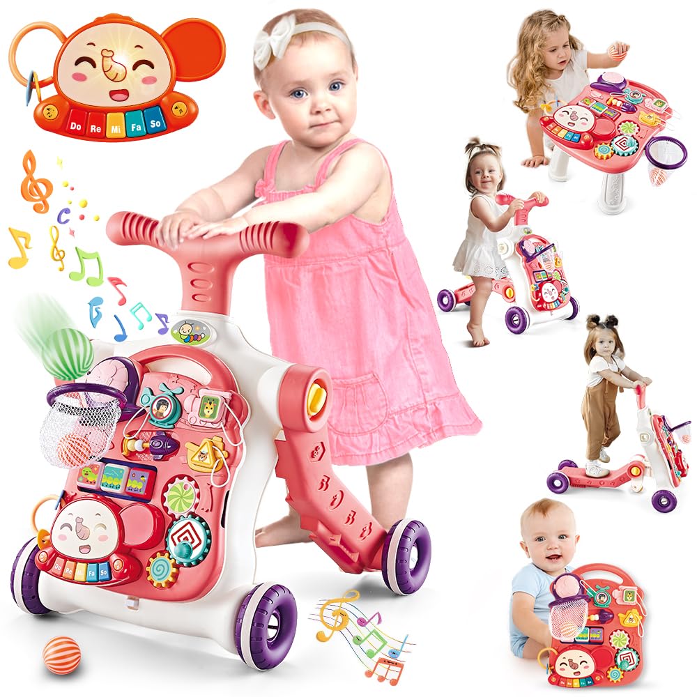 Pink Baby Walker 5 in 1,VATOS Sit-to-Stand Learning Walker,Assemble as Scooter/Balance Bike/Push Walker/Activity Table/Detachable Panel,Push Walkers Toys with Music for Toddlers Infant Boys Girls