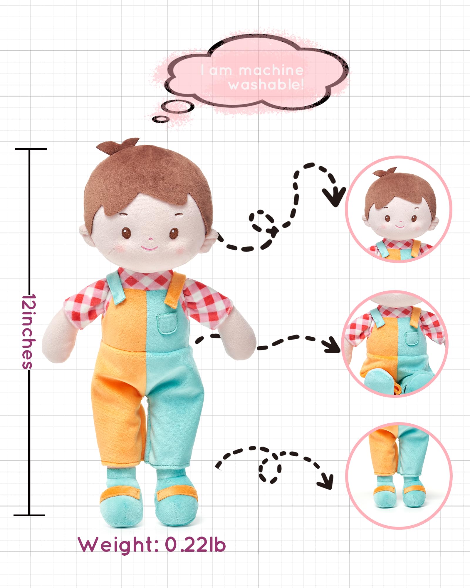LeyaDoll Muñeca Bebé Niño Juguetes (12''), Mi Primer Bebé Muñeca de Trapo para Niño de 1 Año Regalo de Cumpleaños, Juguetes de Peluche para Niños Pequeños-Niño de Parche