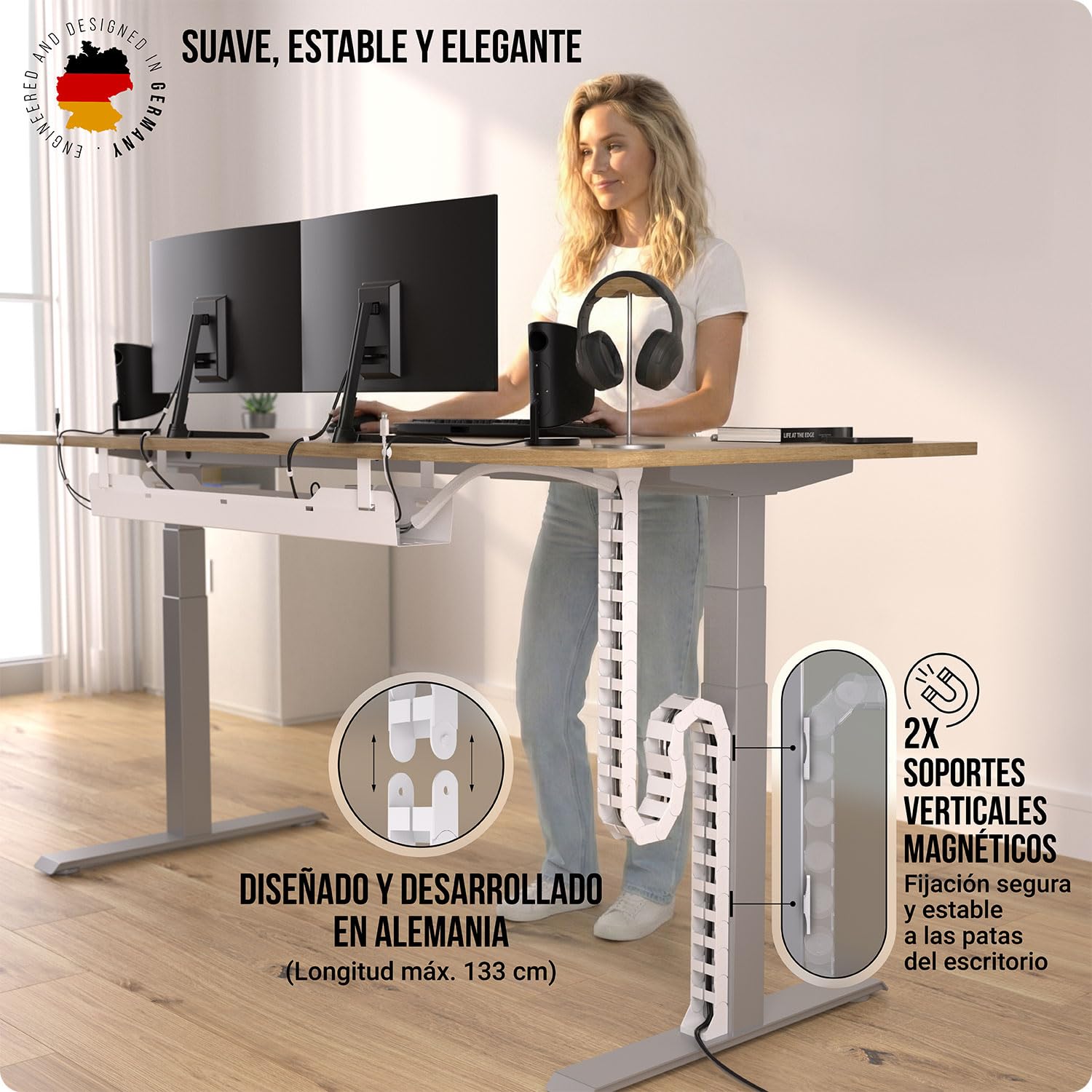 Organizador Cables Escritorio, Cadena portacables Flexible, Canaleta portacables Flexible, Ideal para organizar los Cables de Escritorio y Apta para escritorios Regulables en Altura (Blanco)