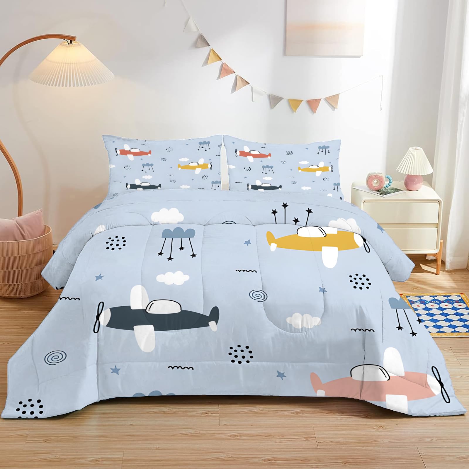 Dyausi Blue05 Colorful Planes Single Duvet Kids - Reversible Coverless Duvet 2 Piece - Duvet 7.5 Tog With Helicopters Pattern - Lightweight Hypoallergenic And Washable Comforter - Single 135X200cm - Blue
