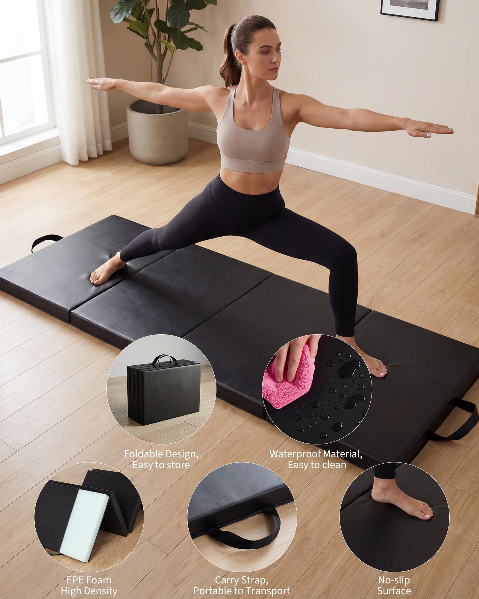 Esterilla plegable para gimnasia (180 x 90 cm, 4 compartimentos), color negro