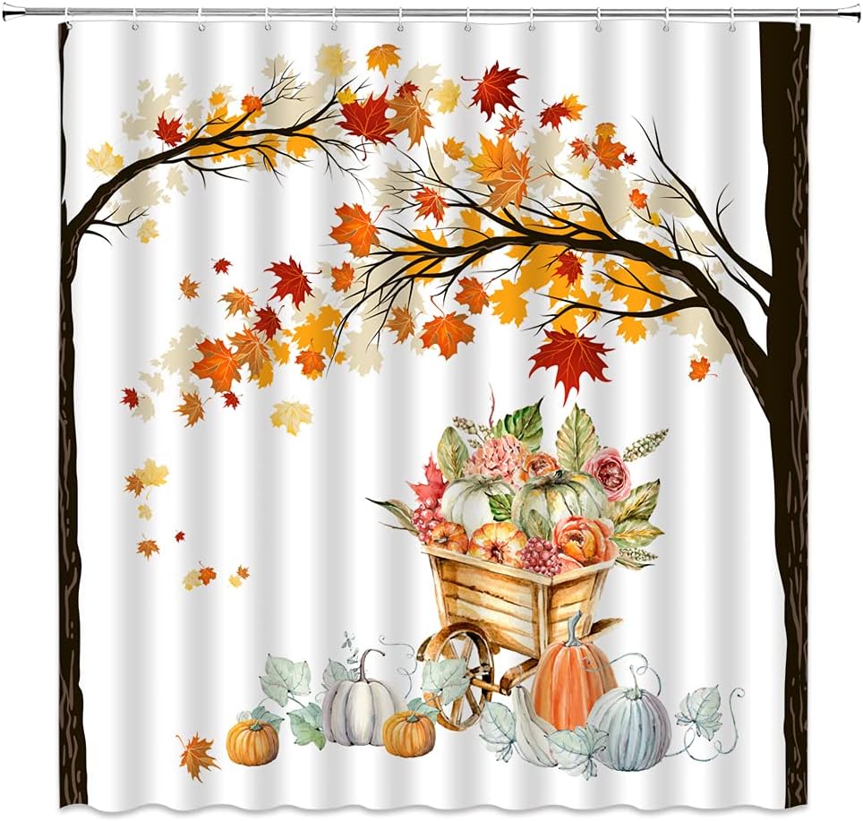 Autumn Shower Curtain Maple Leaves Fall Pumpkin Farm Thanksgiving Season Fallen Leaf Tree Harvest Scene Fabric Bathroom Decor Set with Hooks（78" Wx70 H）