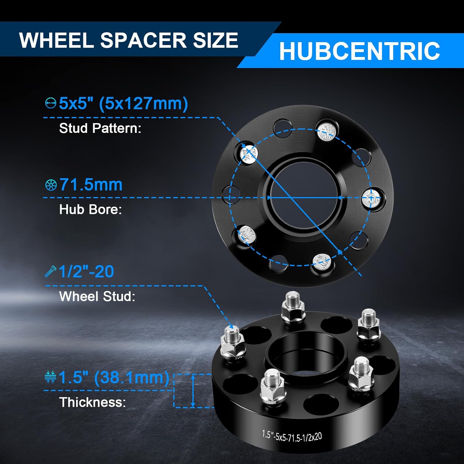 5x5 Wheel Spacers 1.5" with 1/2x20 Studs for 2006 2007 2008 2009 2010 Jeep Commander XK Jeep Grand Cherokee WJ WK Jeep Wrangler IK , 71.5mm Hubcentric Bore 38mm, 1.5 Inch 5x127 Forged Wheel Adapters