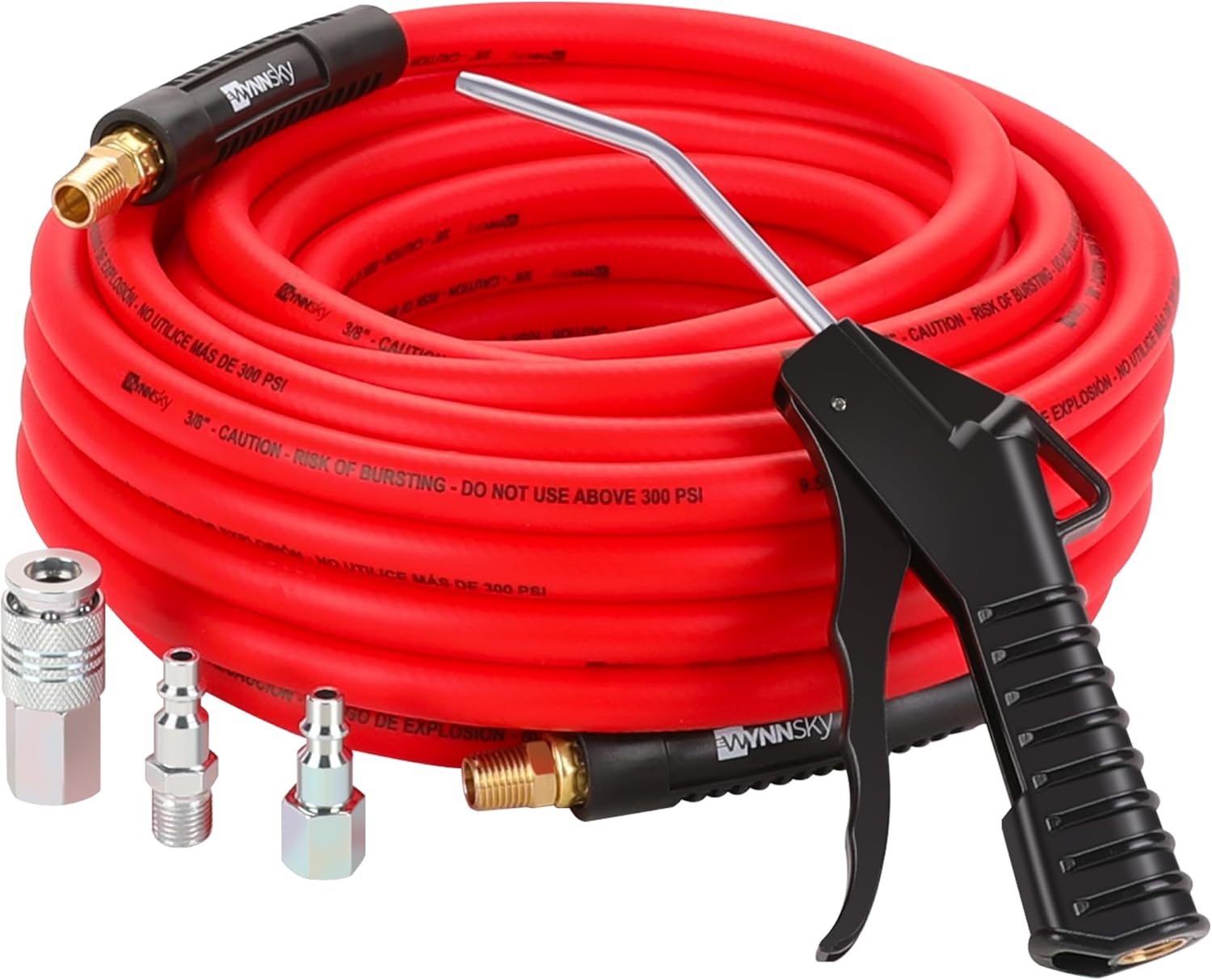 WYNNsky 3/8’’ × 100 FT Air Compressor Hose with 1/4’’ Inch MNPT Threads, Hybrid Material, Light Weight, 1/4’’ Universal Coupler and I/M Plug, Air Blow Gun