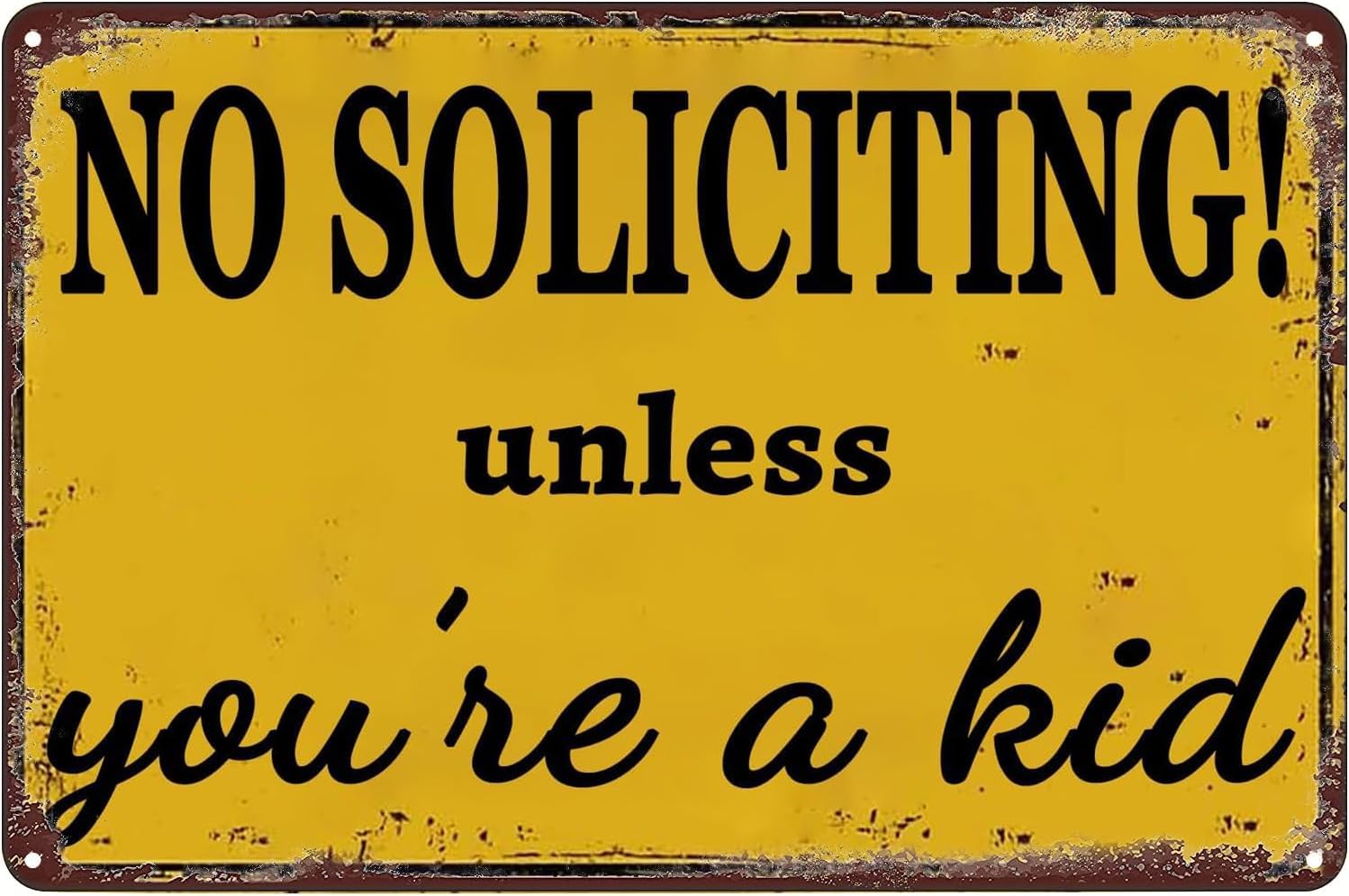 SMAZDFXX No Soliciting Vintage Metal Sign No Soliciting Unless You're a Kid Tin Signs for Garage Home Garden Cafes Kitchen Wall Decor Poster 5.5"x8"