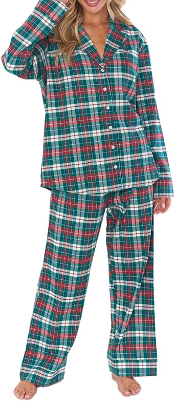 Adoeren Christmas Pajamas Sets for Women Long Sleeve Button Down Fur Trim Shirt Plaid Wide Leg Pants 2 Piece Lounge Sleepwear