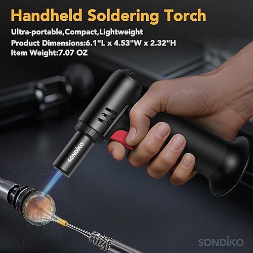 Miniatura 5 de Sondiko S907 Soplete de butano con indicador de combustible, encendedor recargable con llama ajustable para soldadura, arte de resina y uso