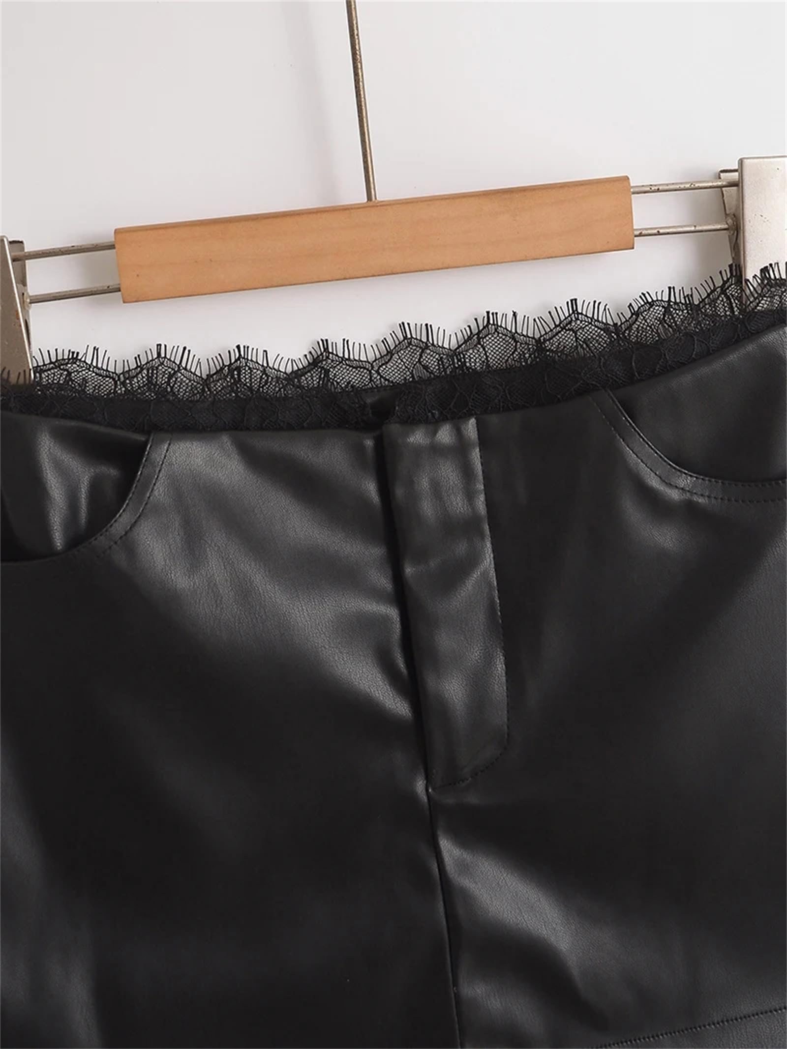 Minifaldas con Ribete de Encaje de Piel sintética Negra para Mujer Falda de Cuero Dividida de Talle bajo marrón con Pantalones Cortos,Marrón-Pequeño