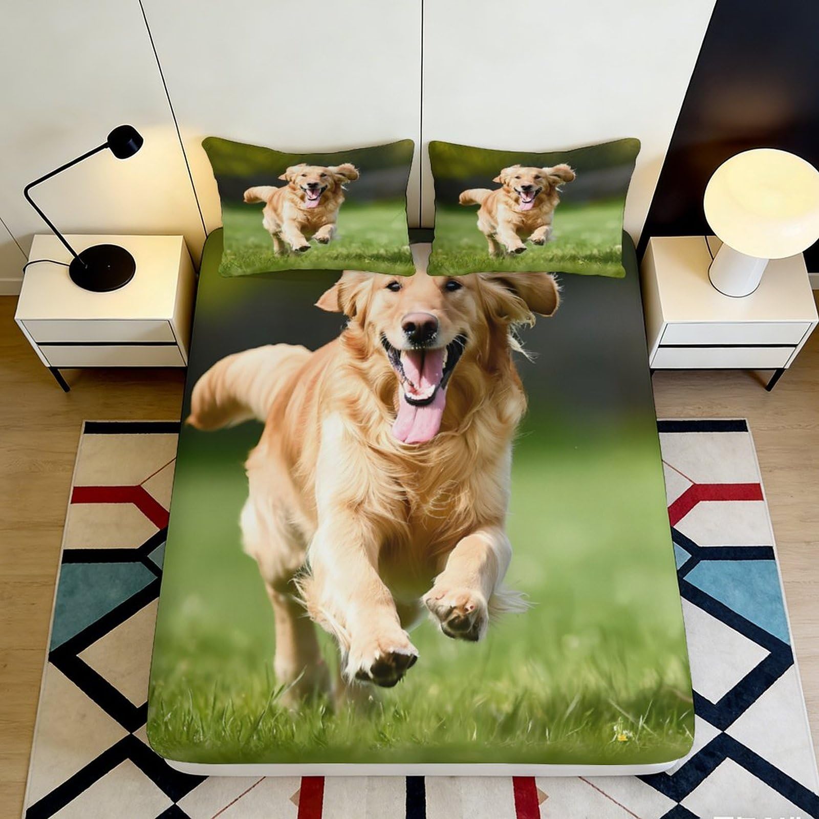 3D Printed Golden Retriever Fitted Sheet Microfiber Soft Non-slip Running Dog Mattress Cover for Bedroom Dorm Decor 90x200x25cm