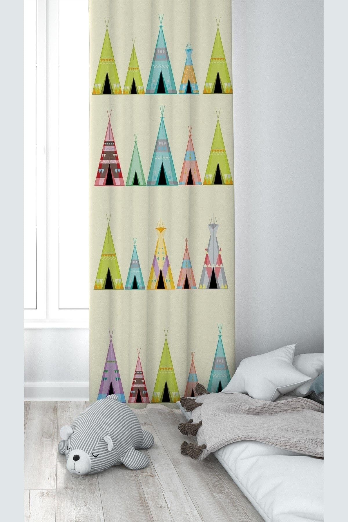 Pelangi Krem Çadır Desenli Dijital Baskı Yıkanabilir Bebek Çocuk Odası Fon Perdesi, krem-sarı 70 x 240