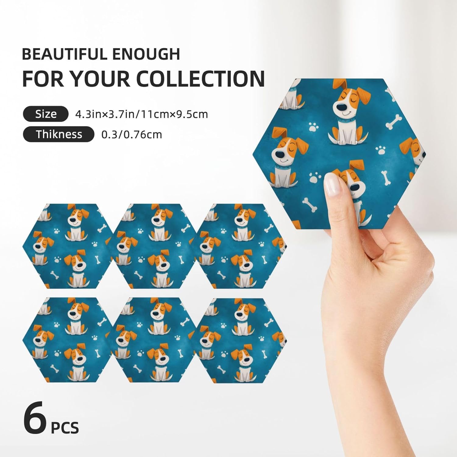 (Cute Dog Design) Ceramic Coasters Set of 6 with Holder Non-Slip Hexagon Coffee Coasters for for Cup Mug Drink Patio Coffee Table Decor, Christmas Coasters Home Bar Supplies