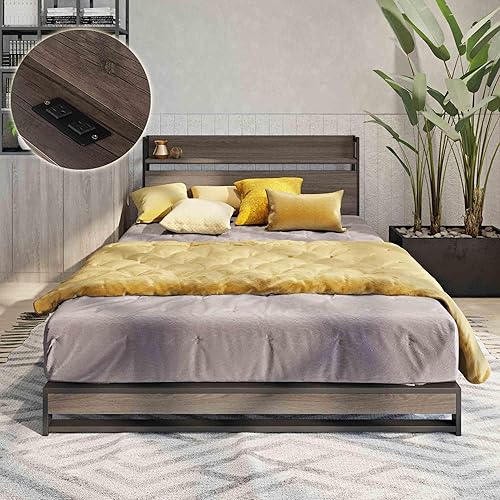 Miniatura 3 de Base de cama Queen con cabecero y enchufe, cámaras de plataforma industrial con estantes de almacenamiento, base de colchónsoporte de tablasno