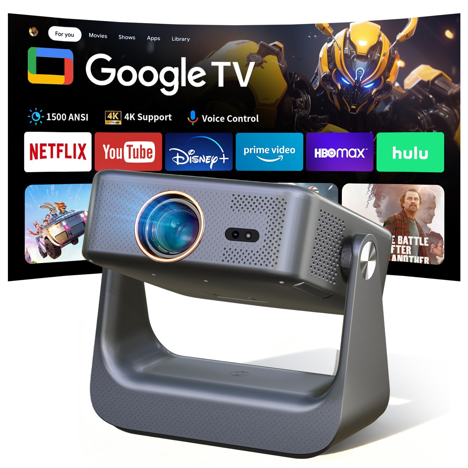【Official Google TV/1500 ANSI/4K Supported】Smart TV Projector with WiFi and Bluetooth, Native 1080P Portable Projector, Auto Focus & Keystone, Voice Input, Mini Proyector for Home Cinema, iOS/Android