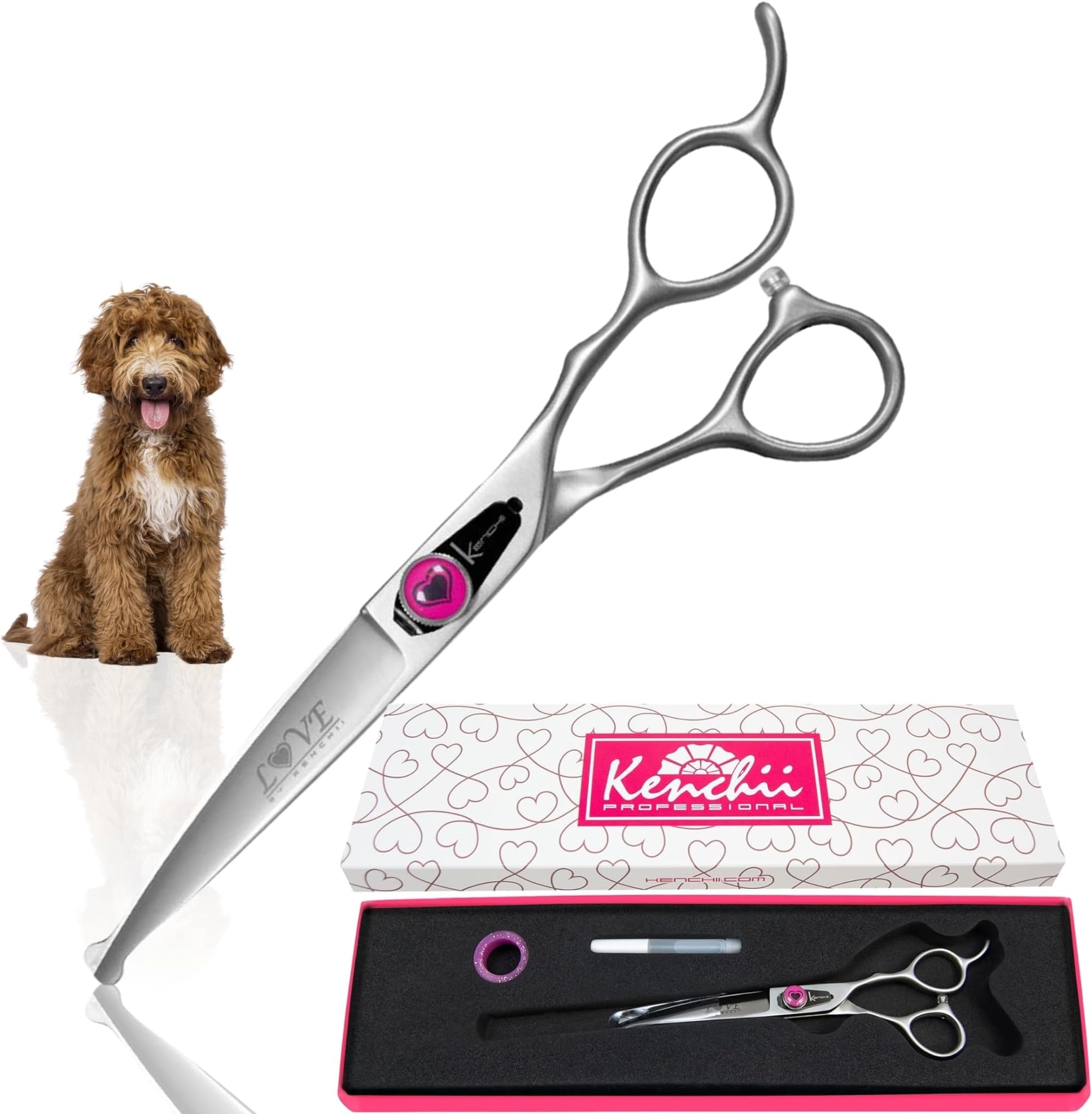 Kenchii Love Curved Ball Tip Dog Scissors - Professional Dog Grooming Scissors - Perfect for Rounded Style Grooming & Intricate Areas - Durable Japanese Alloy Stainless Steel, 6.5 Inch