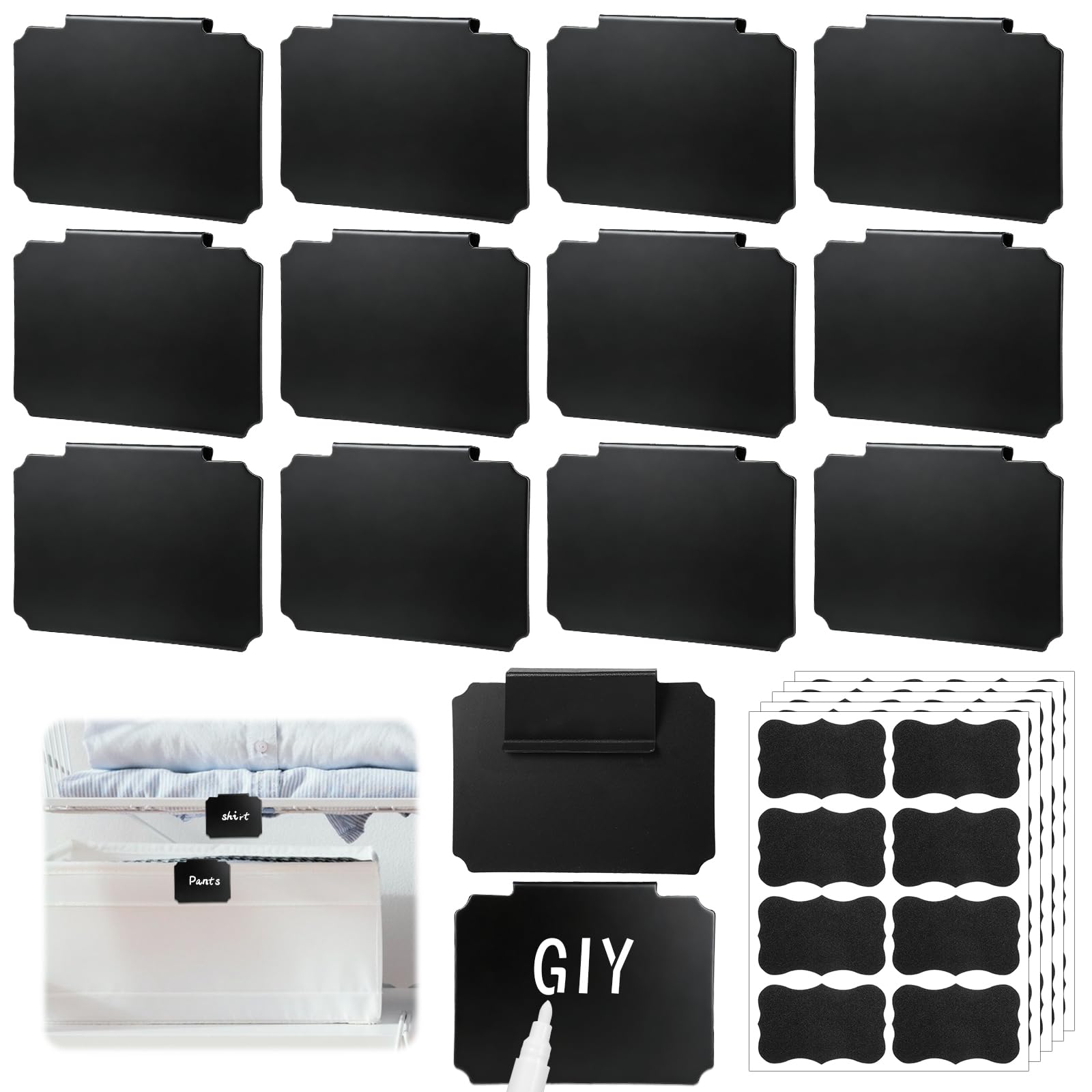 21Pcs Basket Labels Clip On for Storage Bins, 14 Erasable Plastic Kitchen Pantry Labels, 5 Removable PVC Tag Stickers, 2 White Markers, Reusable Chalk Basket Label for Organization Container, Laundry