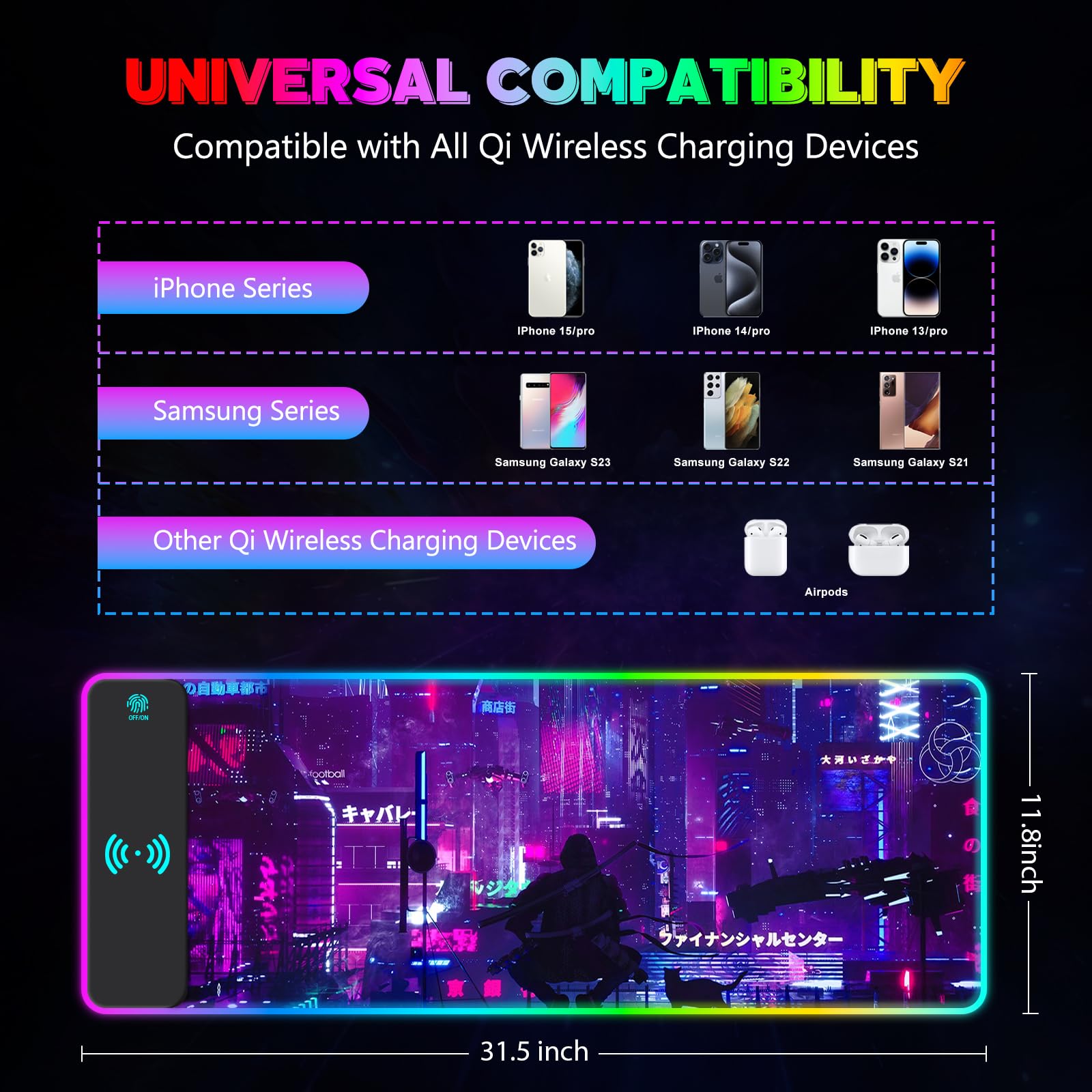 Tappetino per mouse RGB con ricarica wireless da 15 W, viola Anime Neon Extended Large LED Gaming Mouse Pad Base in gomma antiscivolo, 10 modalità di illuminazione, tappetino da scrivania per