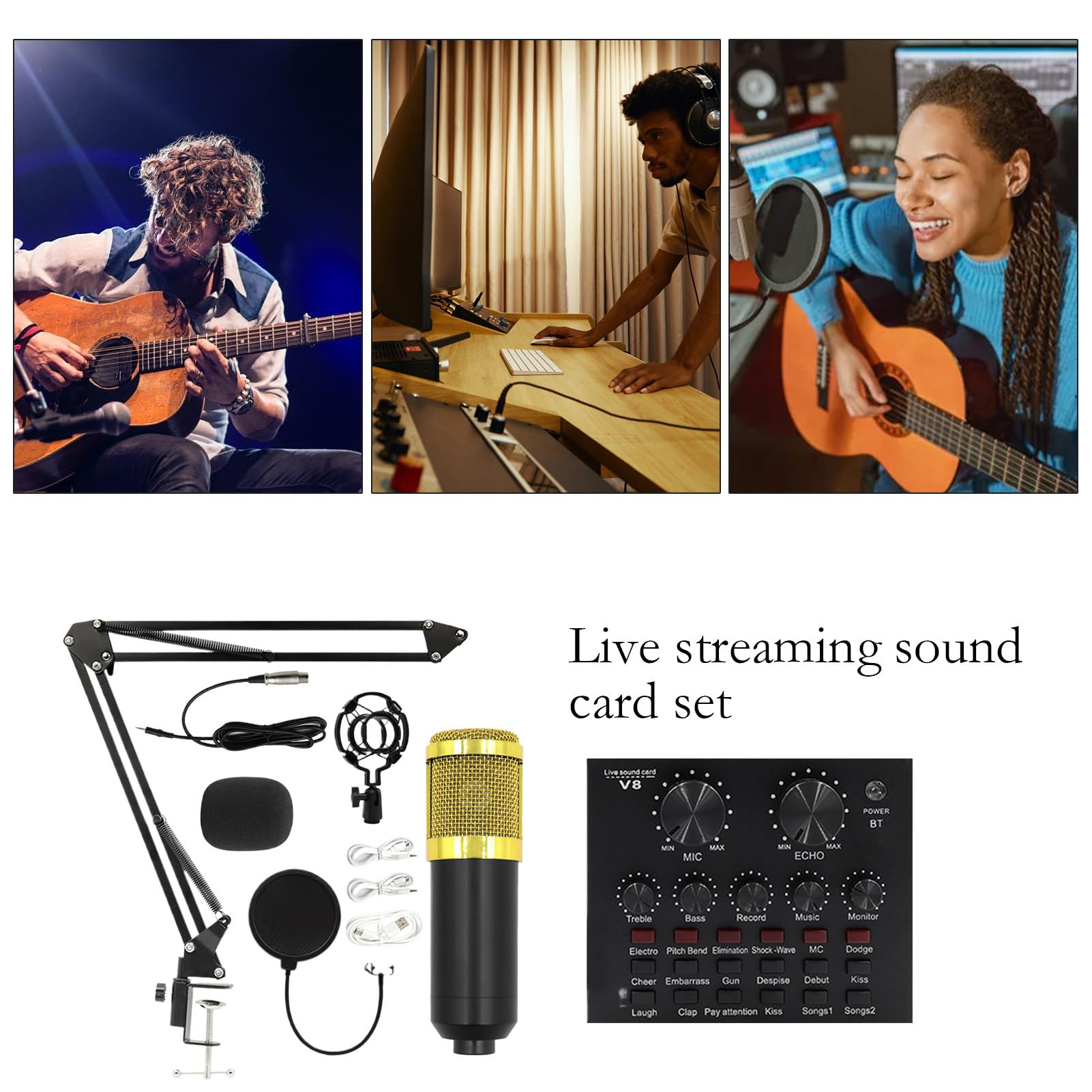 Equipo de estudio de grabación en directo, tarjeta de sonido, soporte para micrófono | Plug and Play Kit de equipo de estudio de grabación fácil de usar para presentadores, cantantes,