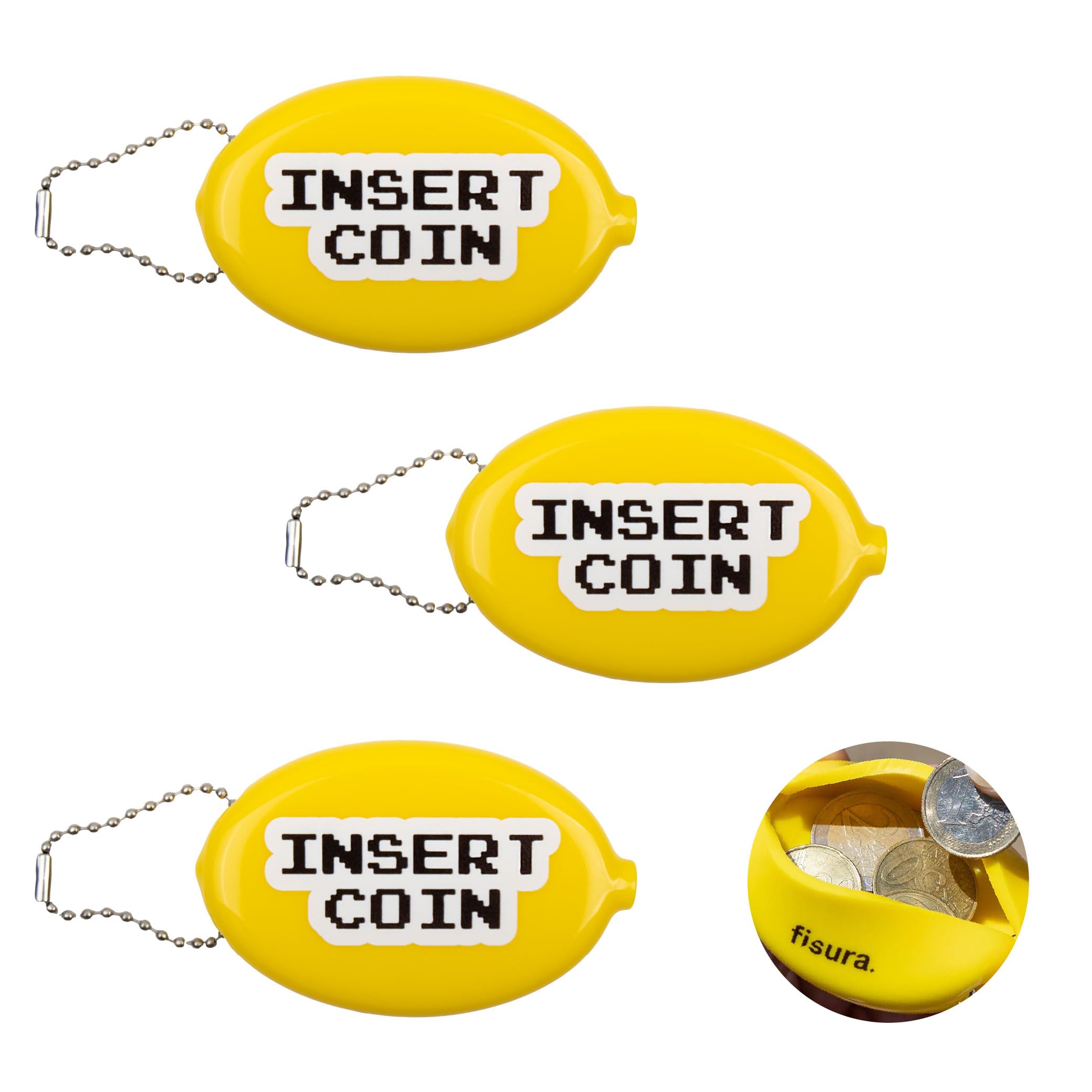 Fisura Oval Rubber Coin Purse Insert Coin Yellow Retro Coin with Chain Small Wallet for Pocket Unisex Wallet Gift Pack of 3
