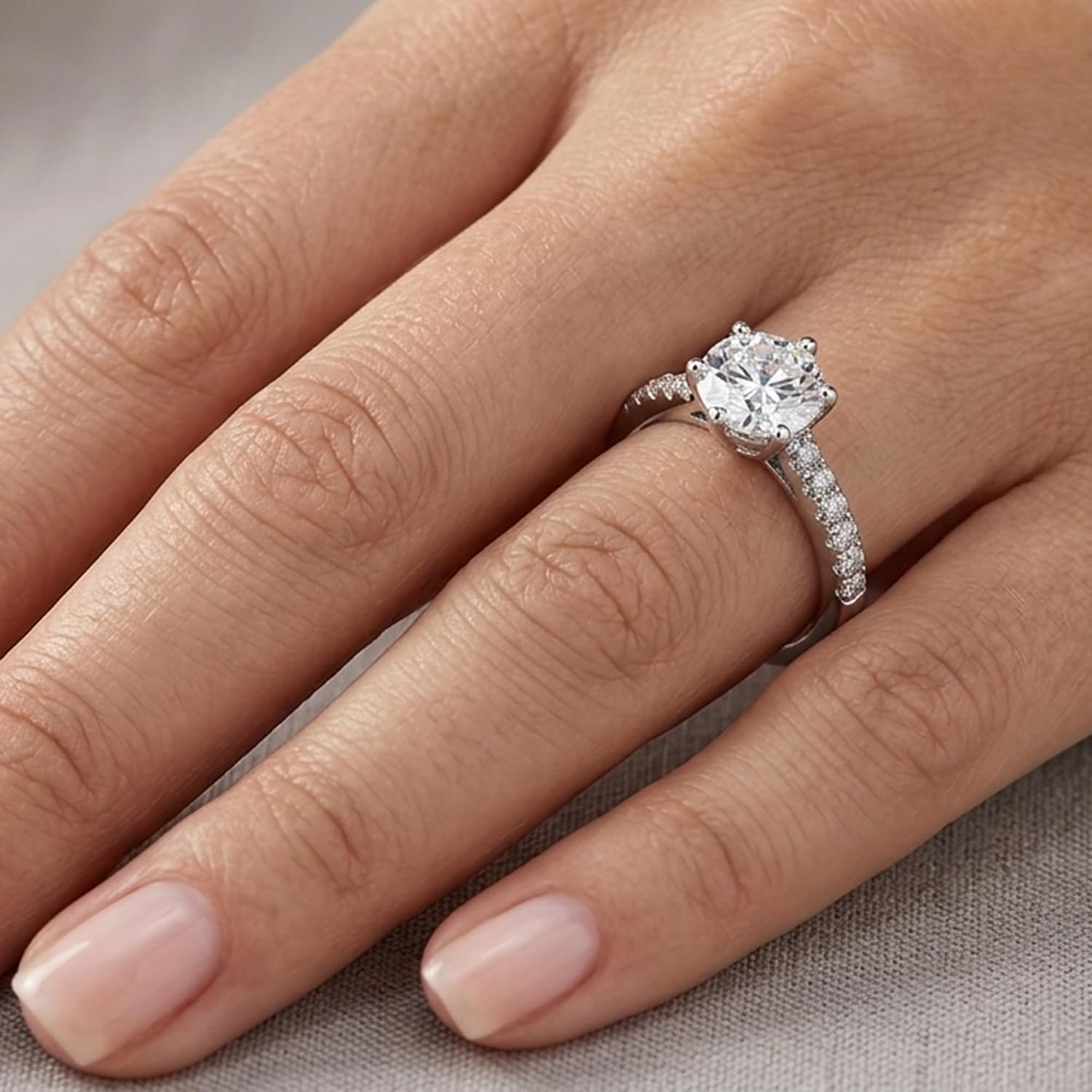 DovEggs 2CT Moissanite Engagement Ring for Women 8mm FGH Round Brilliant Cut 925 Sterling Silver 18K White Gold Plated 6-Prong Solitaire Wedding Promise Ring