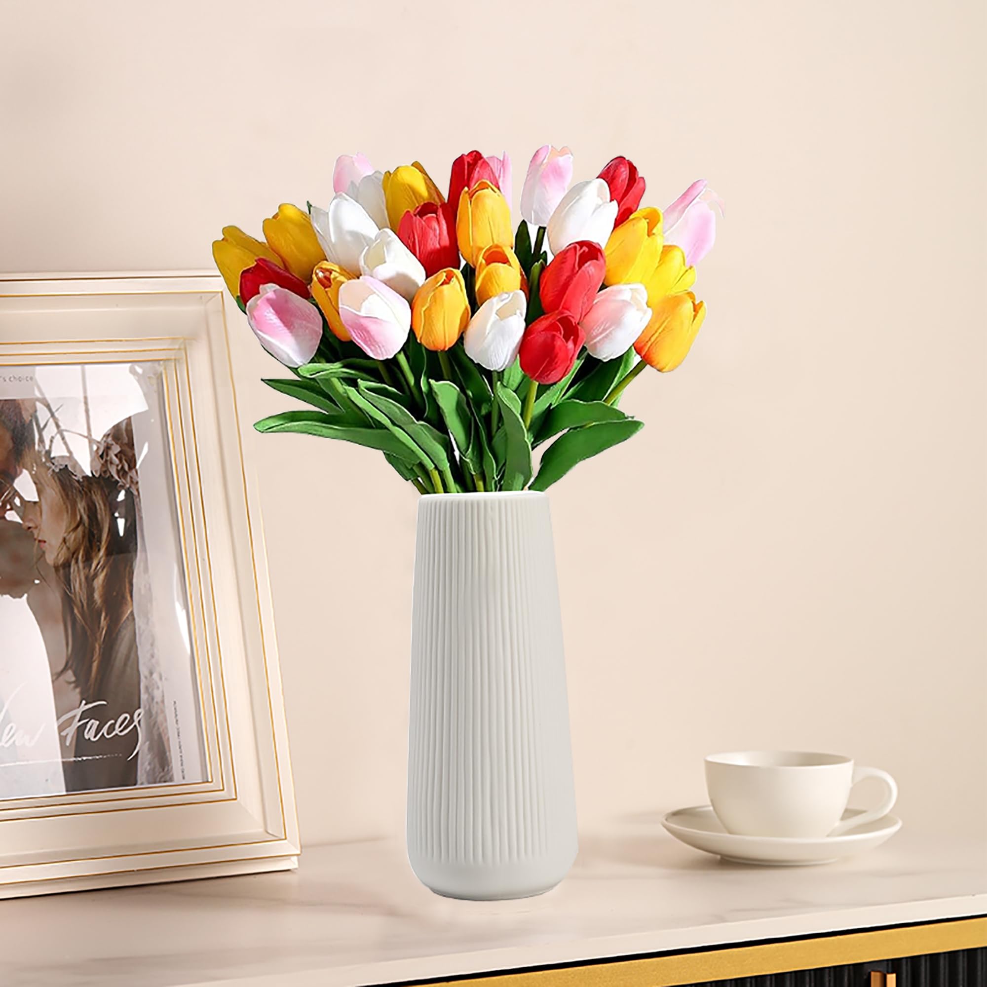 Jarrón de cerámica para flores, jarrón de cerámica acanalado blanco para decoración del hogar, jarrón minimalista nórdico para hierba de pampas, jarrones de flores para cocina, sala de estar 2