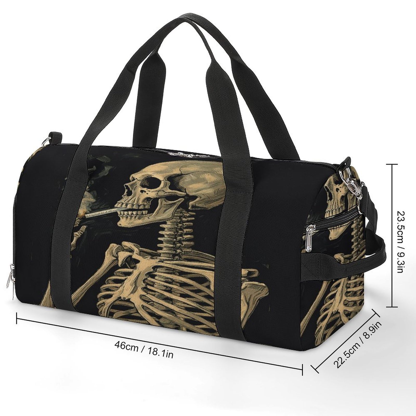 Fitness-Tasche, ein Skelett mit brennender Zigarette, Sporttasche, Reise-Fitness-Tasche, Essentials-Turnbeutel, Turnbeutel mit Schuhfach, Stil, Stil, Einheitsgröße, modern, Stil:,