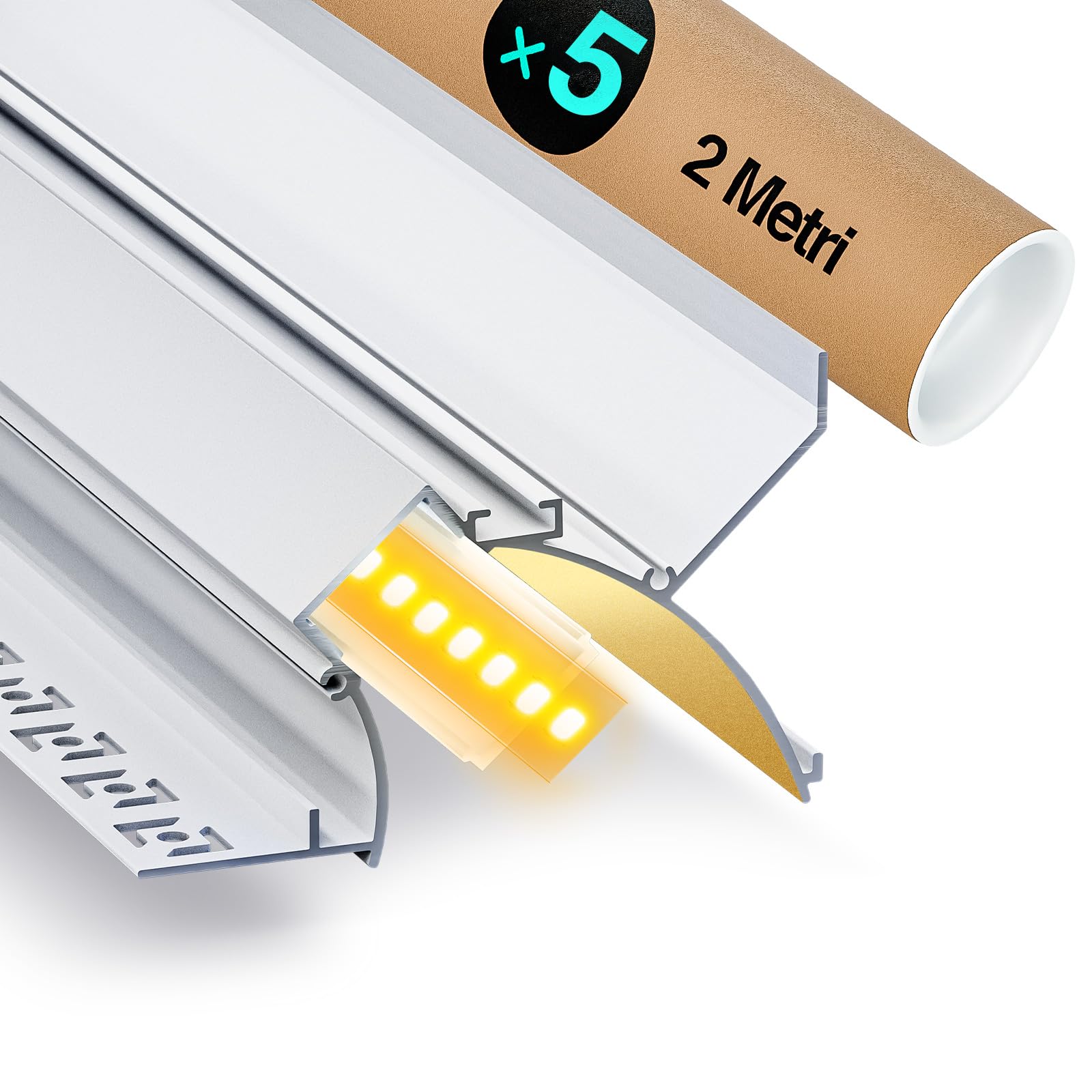 5 x Profilé Aluminium Corniche Led 2m (10m) Profilé Led Encastrable Plafond à éclairage indirect Pour Bande LED jusqu'à 19 mm ou Deux, Moulure Plafond led Canal Led et Diffuseur LED - 2000x19,7x10mm