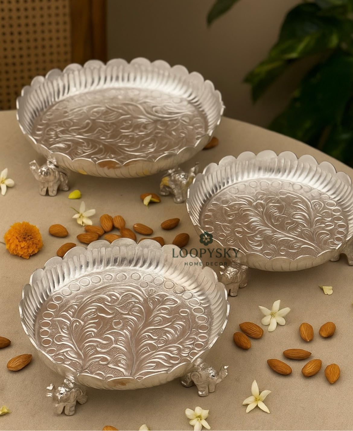 Loopysky Set of 3 Silver Plated Aluminium Urli Bowls with Elephant Legs – Handcrafted Decorative Bowls for Home, Festive Decor & Gifting (8", 10", 12")-picture-21
