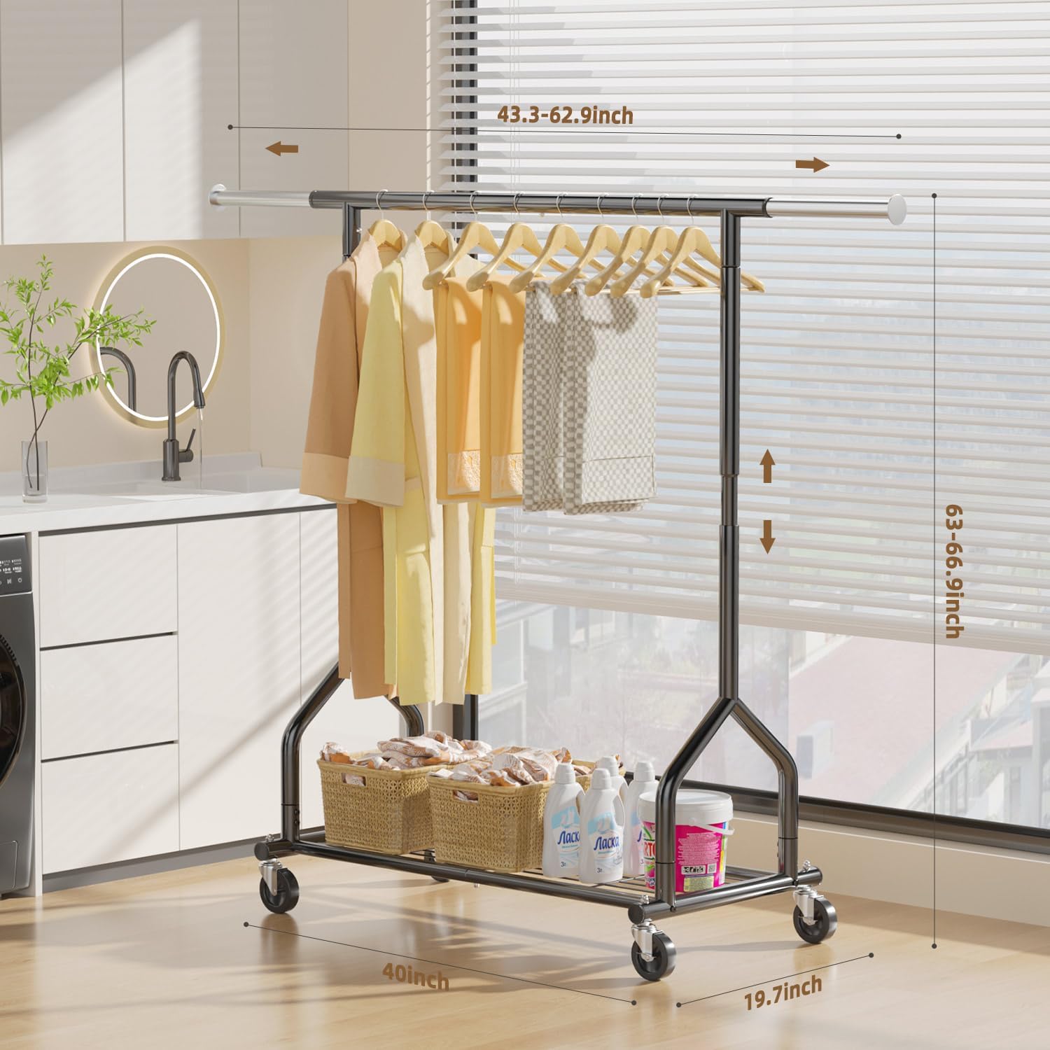 EAGMAK Heavy Duty Clothes Rack Load 424 LBS, Rolling Clothing Rack With Shelves, Adjustable Metal Clothes Hanger with Wheels, Portable Wardrobe Organizer Garment Rod for Hanging Clothes (Black)