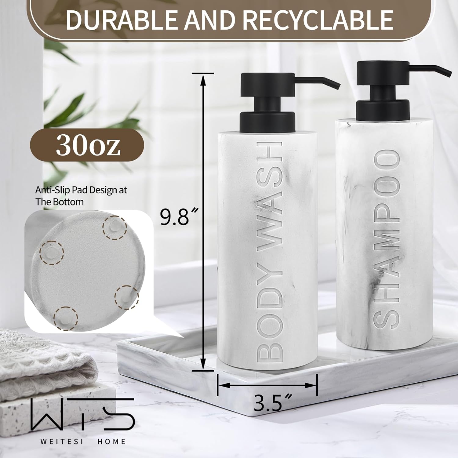 Large Soap Dispenser for Bathroom, Marble White Resin 2 Pcs Body Wash and Shampoo Dispenser Set, Modern Luxurious Refillable Pump Bottle with Embossed Text, Liquid Dispenser Easy-to-Press