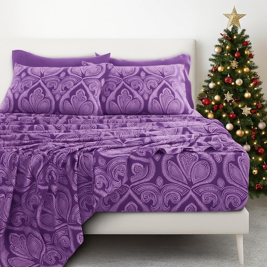 Ultra Soft Wrinkle-Free Microfiber Paisley King Sheet Set, Breathable Boho Bed Sheet Set – 16" Deep Pocket Fitted Sheet, Flat Sheet & 4 Pillowcases, Juegos de Sábanas, OEKO-TEX - Purple - Image 2