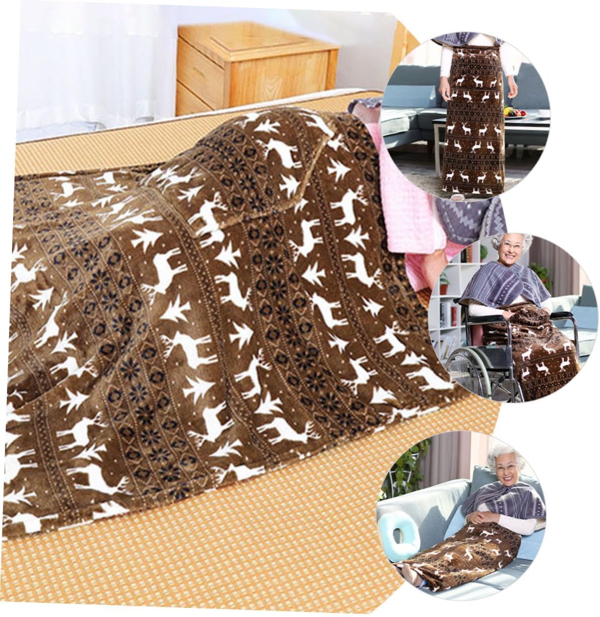 Elderly Throw Blanket for Wheelchair Warm Lap Blanket with Coffee Deer Pattern, Soft Skin-Friendly Fleece for Winter Travel and Nursing Care