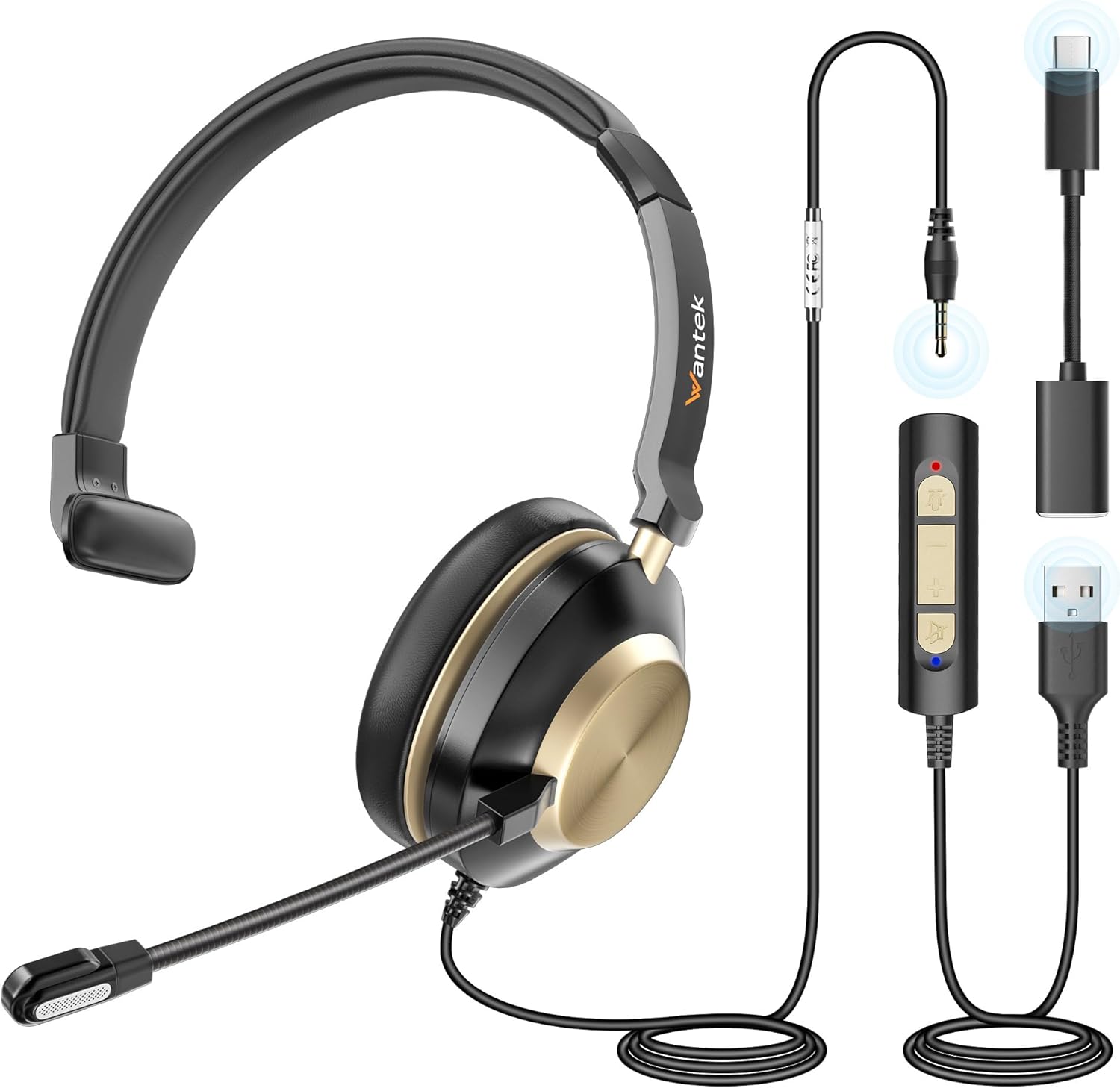 Wantek 881F Headset Mono with Microphone Noise Cancelling and USB A 3.5 mm Male Type C to A Adapter for Call Centre Online Conference Computer Laptops Tablets Phones Xbox – Wantek product photo