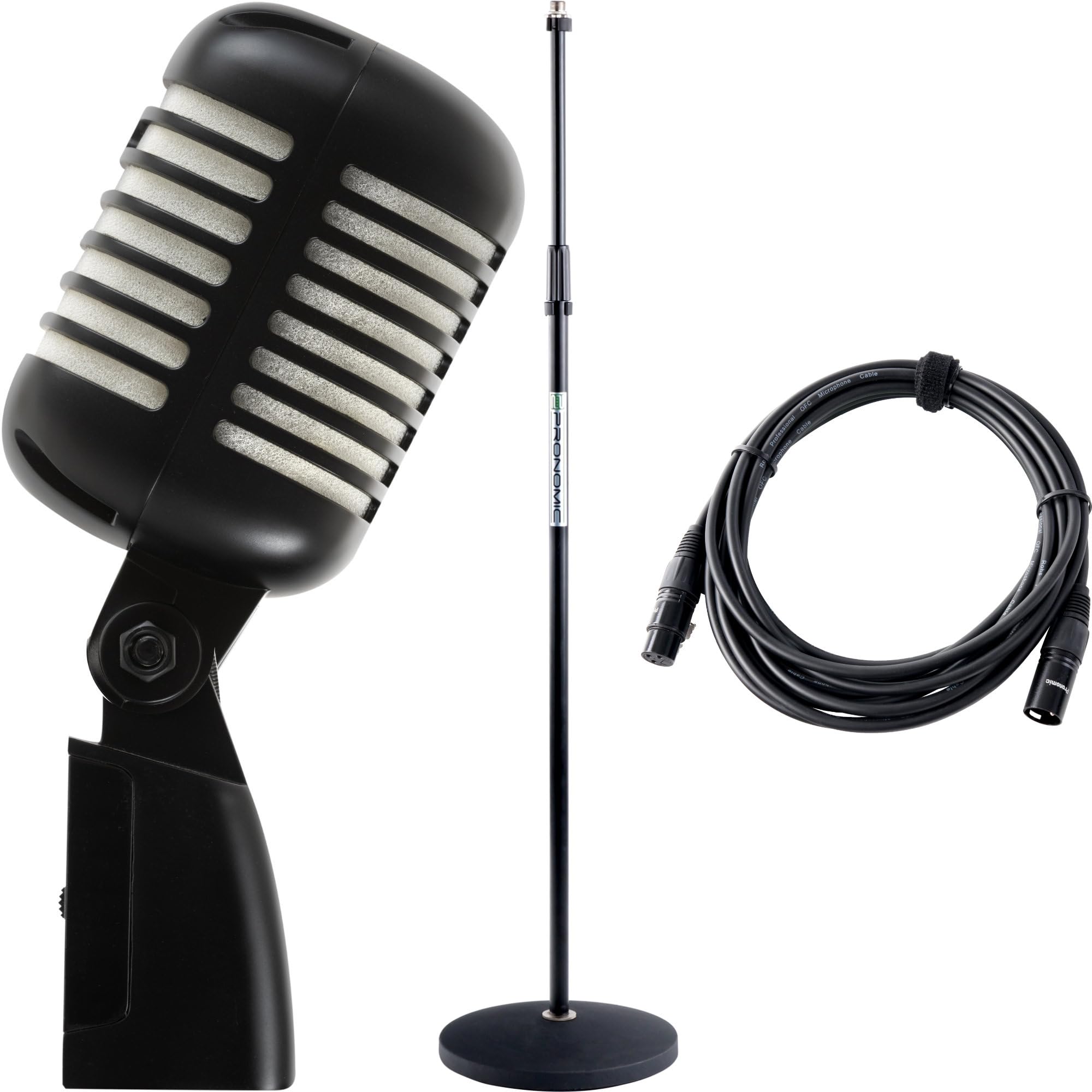 Pronomic DM-66BK/WH Micrófono Vocal dinámico Set - Vintage Micro Vocal Retro - Set económico Que Incluye pie de micrófono y Cable XLR - Negro/Blanco