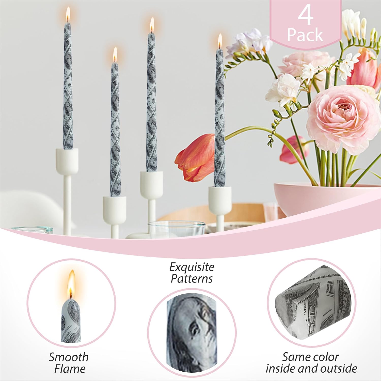 Floral Taper Candle Dripless Candlesticks - Gedengni 4pcs Handmade USA Dollars Candles Long Candle Sticks 10inch Smokeless Tapered Candles for Home Party Wedding Dinner,8-USDO image 3