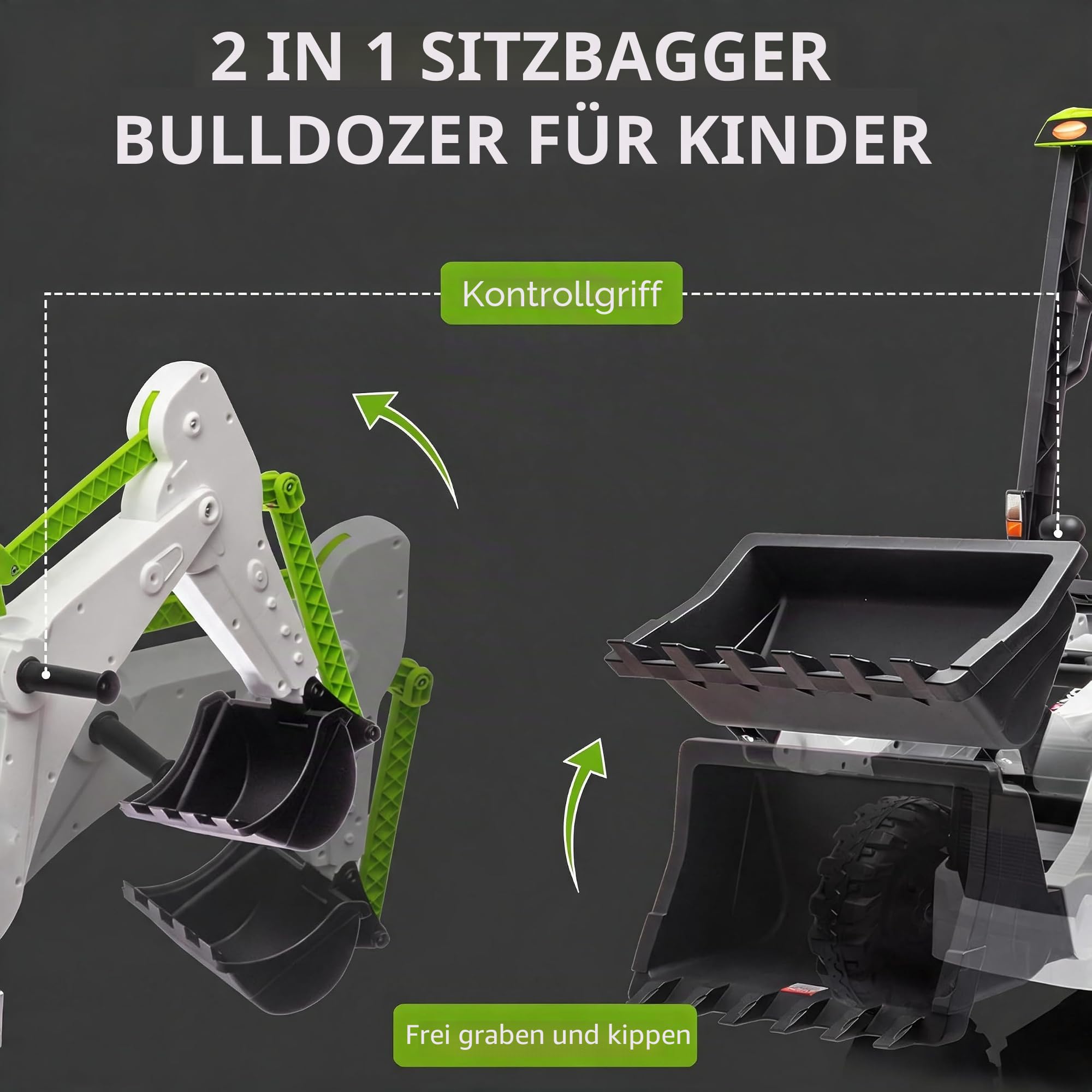 Garvee Kinder Elektrobagger 12V mit Frontlader, Bulldozer & abnehmbarem Zelt, Aufsitzbagger mit Fernbedienung, Hupe, 2-4 km/h, Elektro Baufahrzeuge, Elektrotraktor für Kinder ab 3 Jahren, Weiß