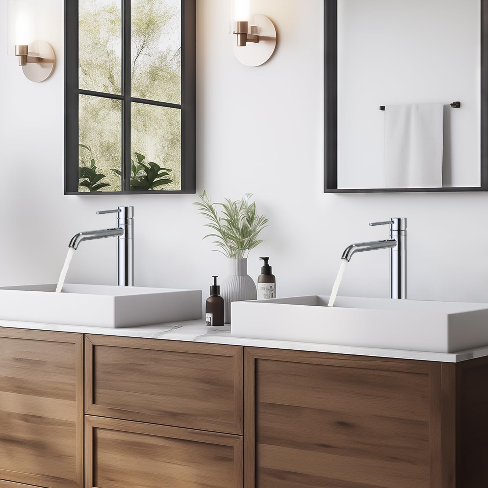 Mitigeur de Lavabo Haut Pivotant à 360°, BuntHaus Robinet pour Vasque à Poser, Robinet de Lavabo Salle de Bains, Chaud et Froid, Hauteur de Bec 204mm, Aérateur Amovible, Acier Inoxydable Chromé